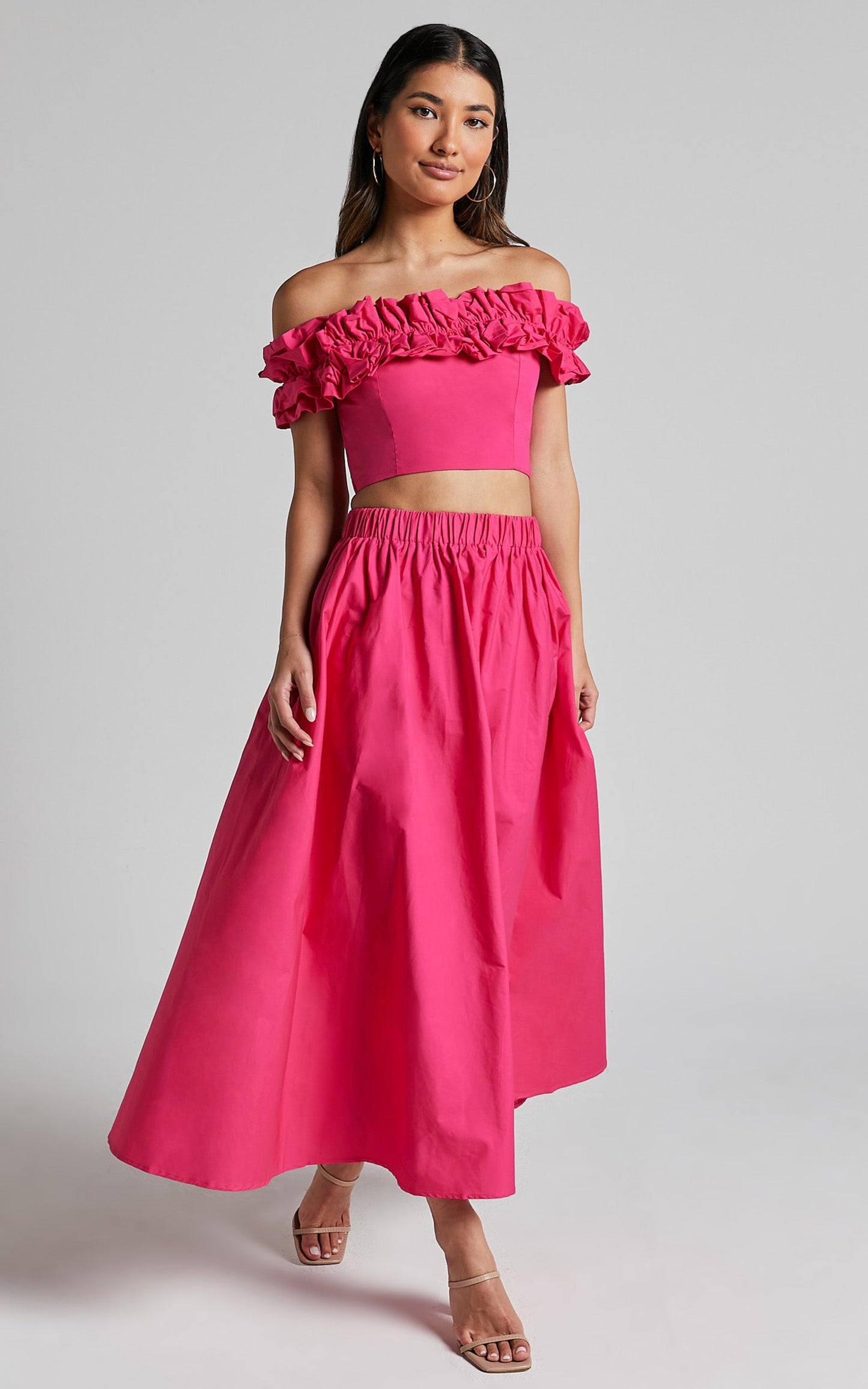 Chamonix Two Piece Set - Ruffle Strapless Crop & Midi Skirt Set in Berry