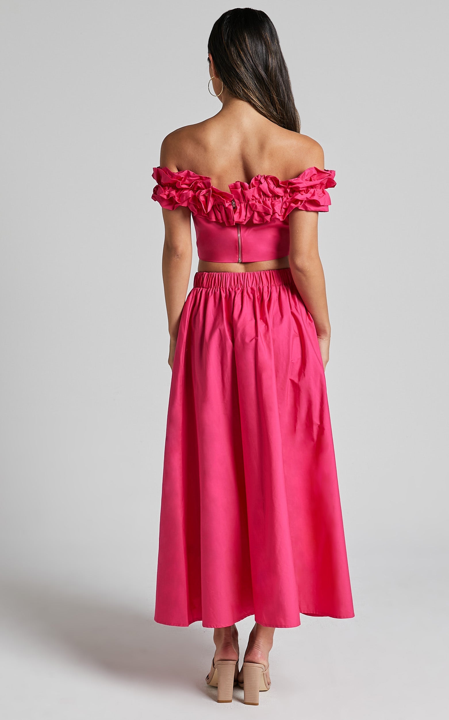 Chamonix Two Piece Set - Ruffle Strapless Crop & Midi Skirt Set in Berry