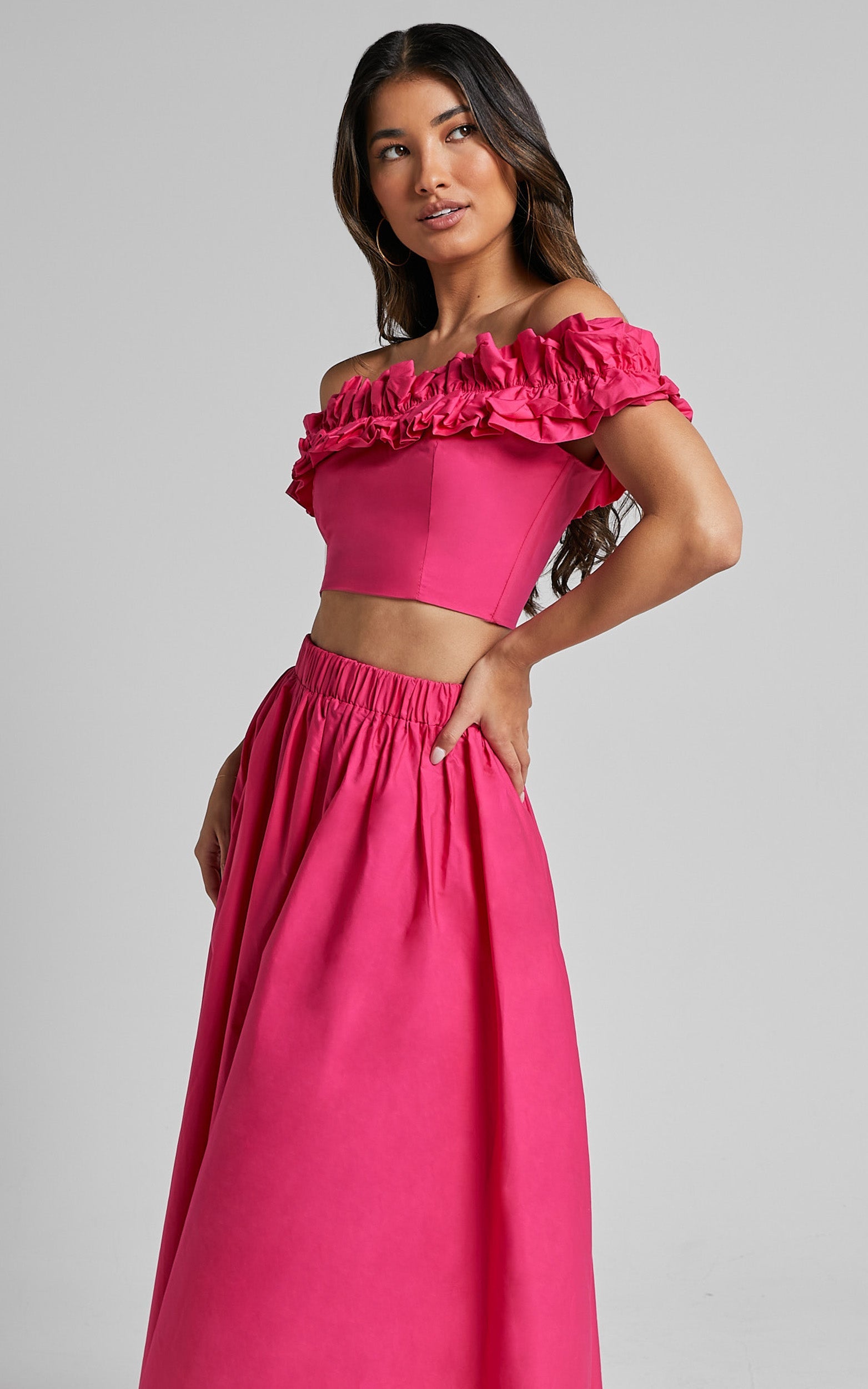 Chamonix Two Piece Set - Ruffle Strapless Crop & Midi Skirt Set in Berry