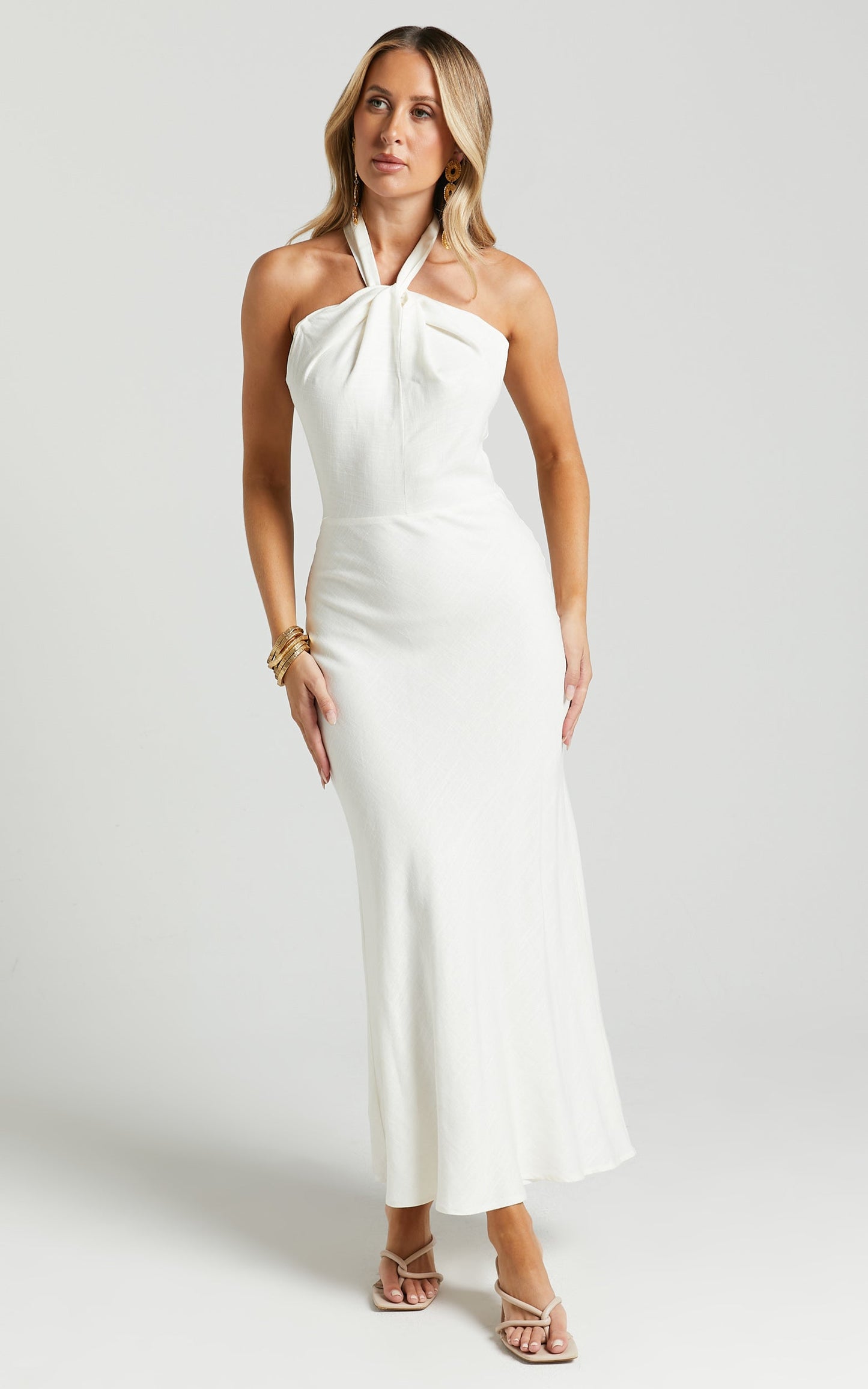 Chanah Maxi Dress - Linen Twist Front Halter Neck Tie Dress in Off White