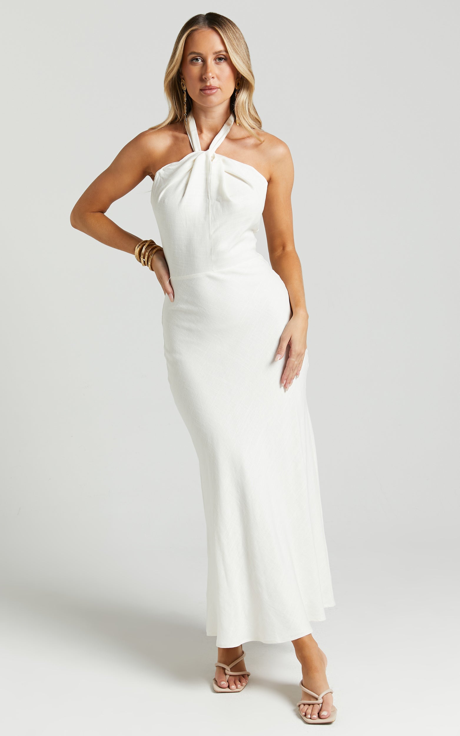 Chanah Maxi Dress - Linen Twist Front Halter Neck Tie Dress in Off White