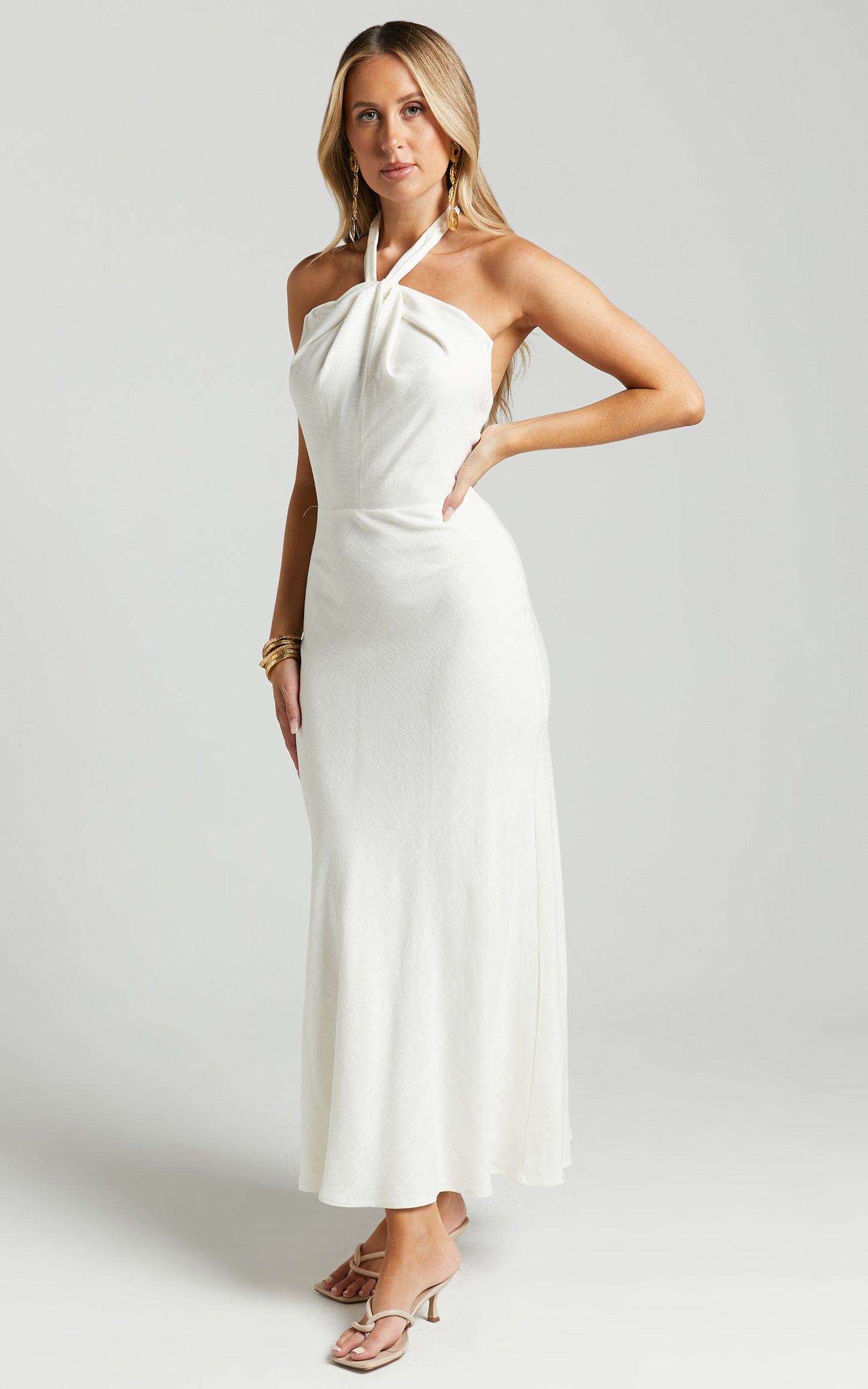 Chanah Maxi Dress - Linen Twist Front Halter Neck Tie Dress in Off White