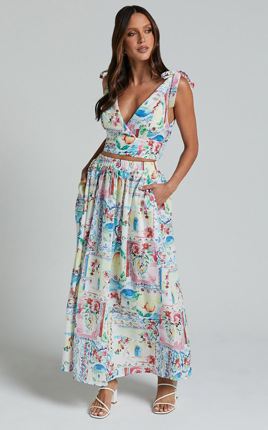 Chandra Two Piece Set - Bralette Shoulder Tie Top and Elasticated Waistband Midi Skirt in Vacay Print