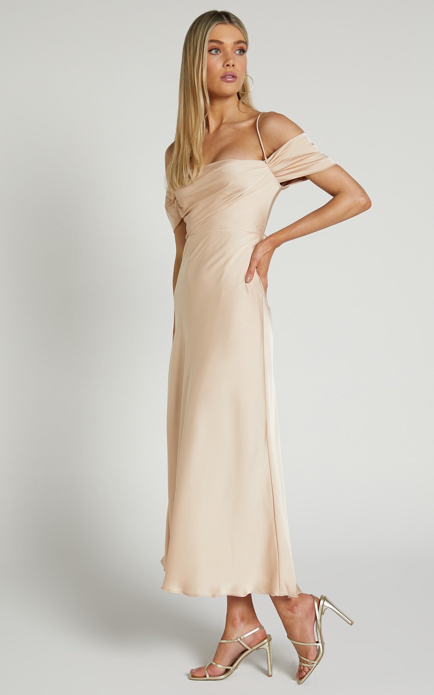 Chaney Midi Dress - Bardot Tie Back Detail Bias Cut Dress in Champagne