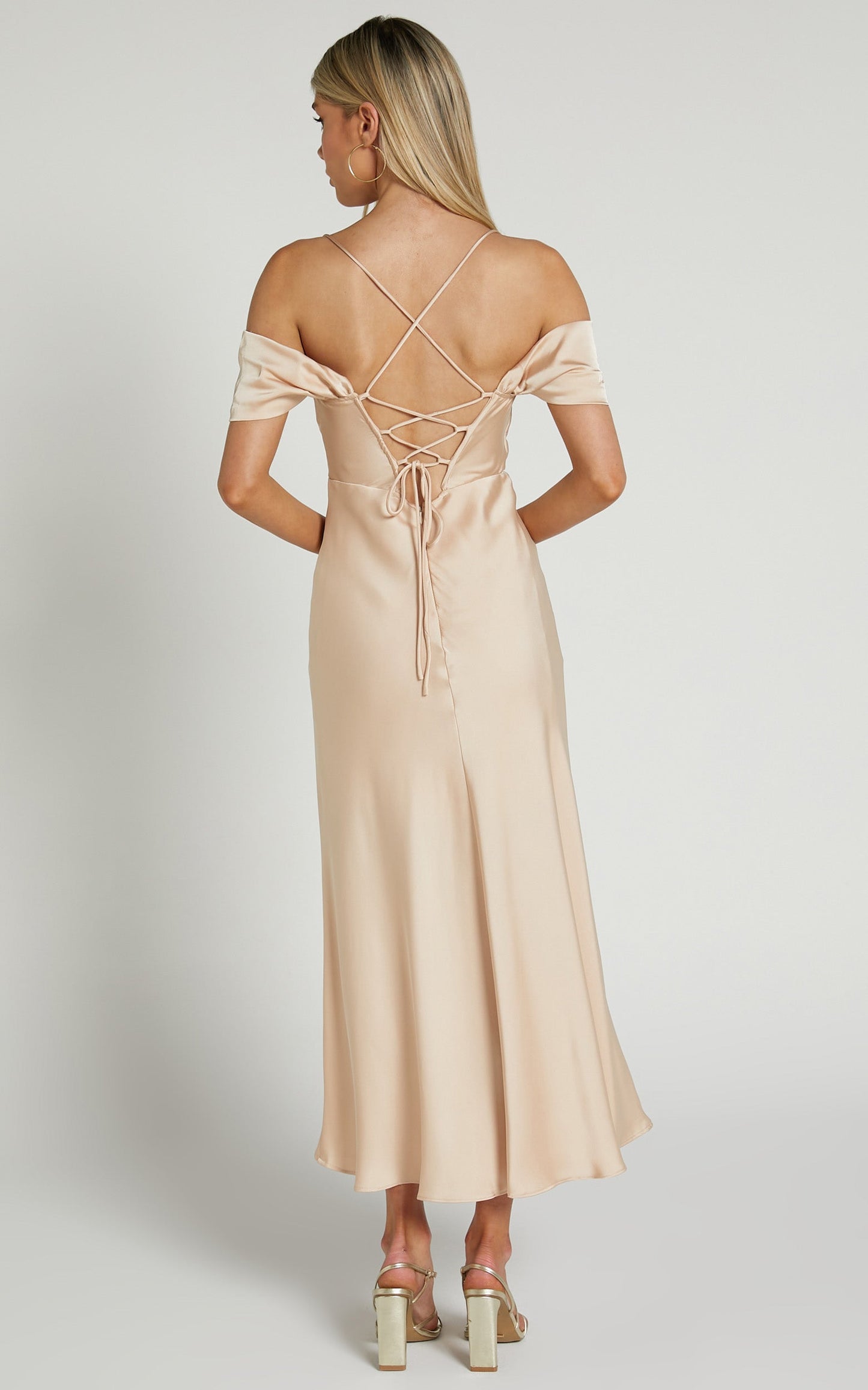 Chaney Midi Dress - Bardot Tie Back Detail Bias Cut Dress in Champagne