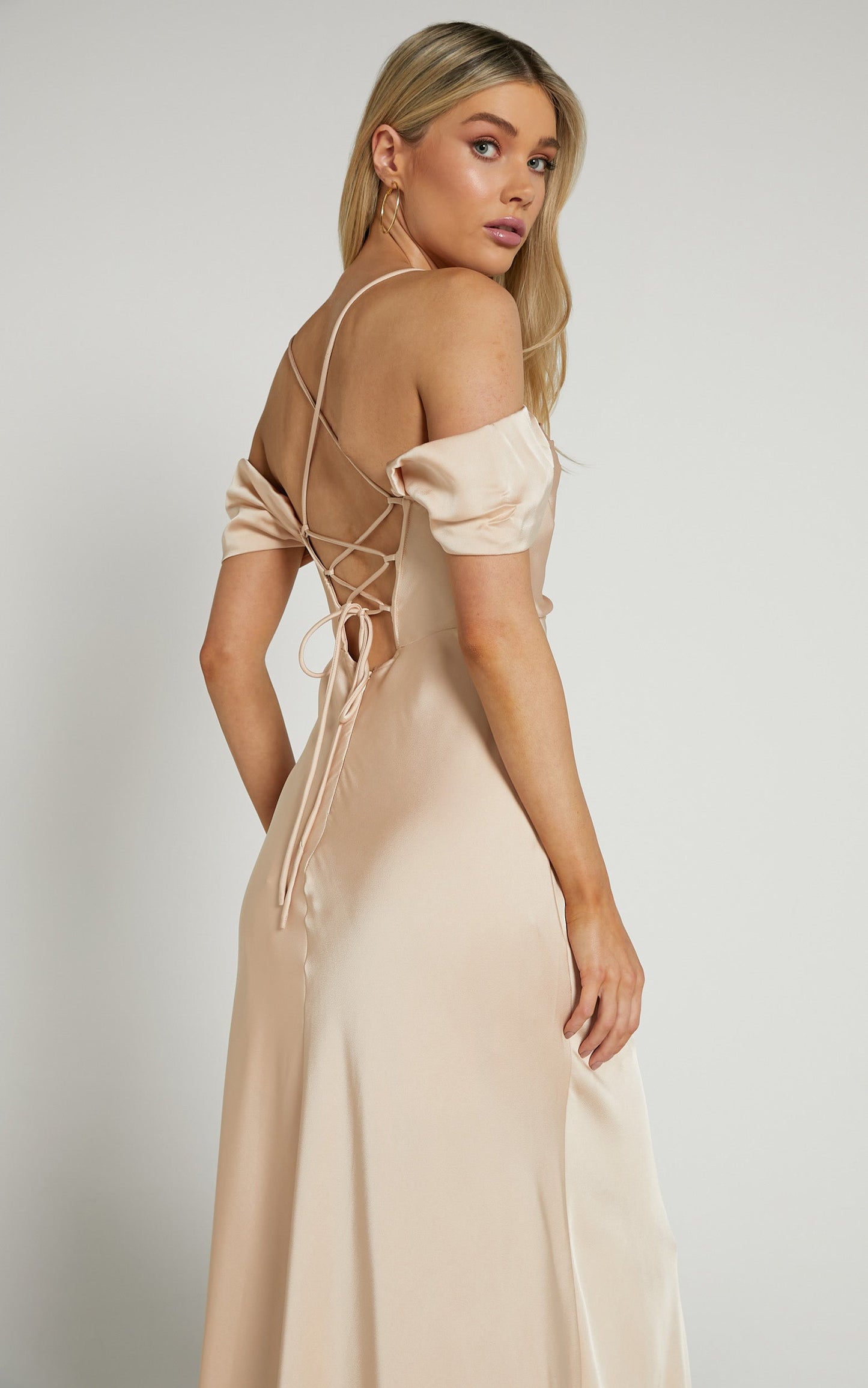 Chaney Midi Dress - Bardot Tie Back Detail Bias Cut Dress in Champagne
