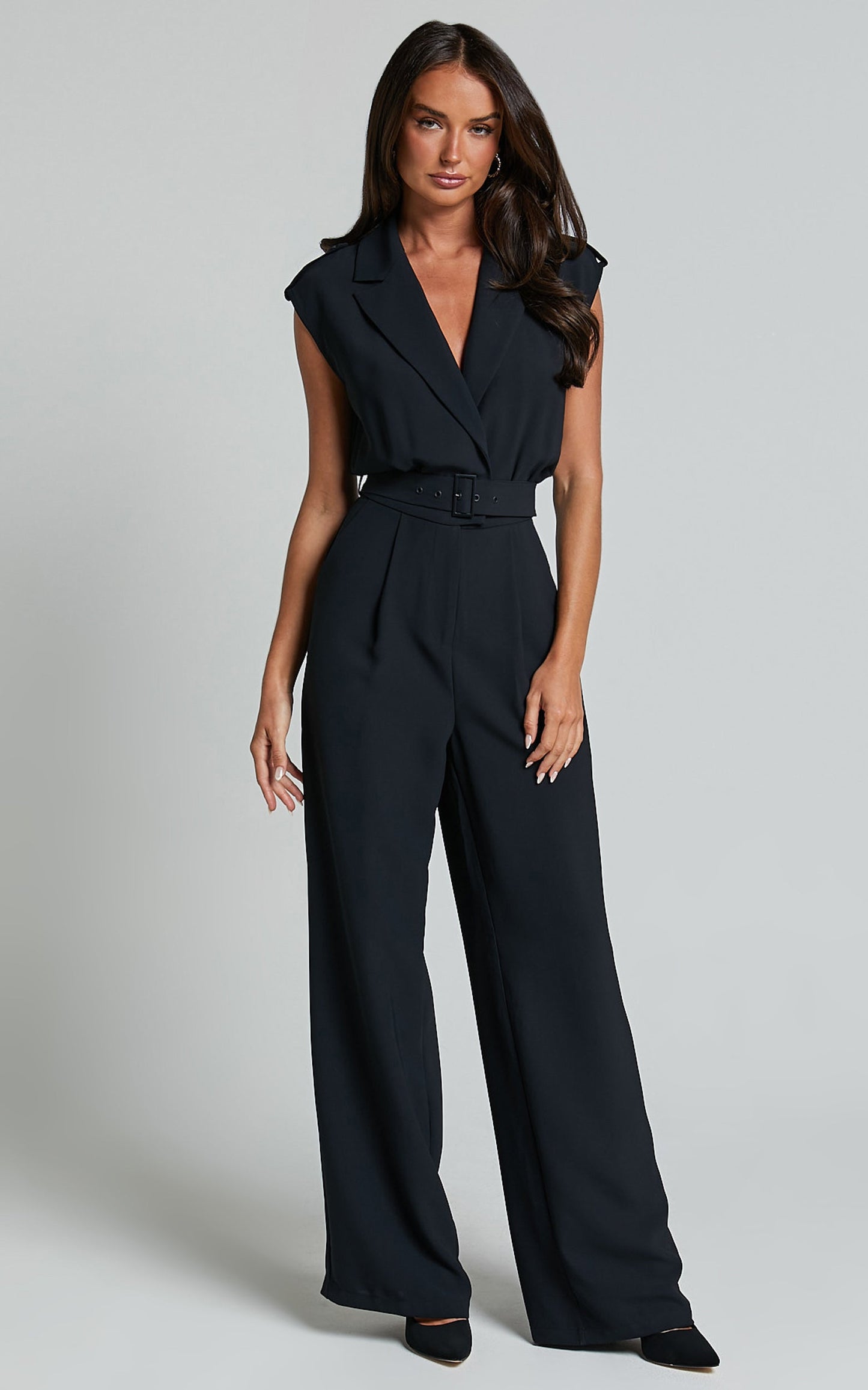 Chante Jumpsuit - V Neck Belted Wide Leg Jumpsuit in Black
