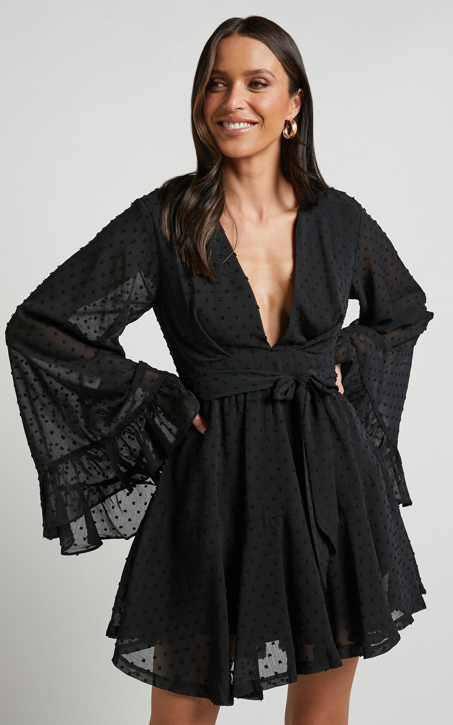 Chantina Mini Dress - Ruched Long Sleeve Plunge Neck Dress in Black