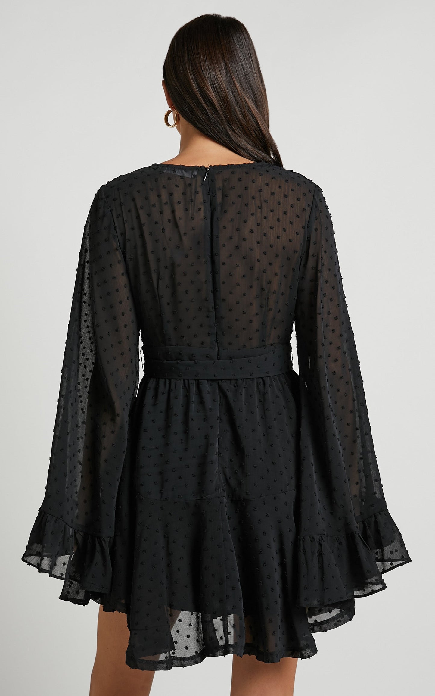 Chantina Mini Dress - Ruched Long Sleeve Plunge Neck Dress in Black