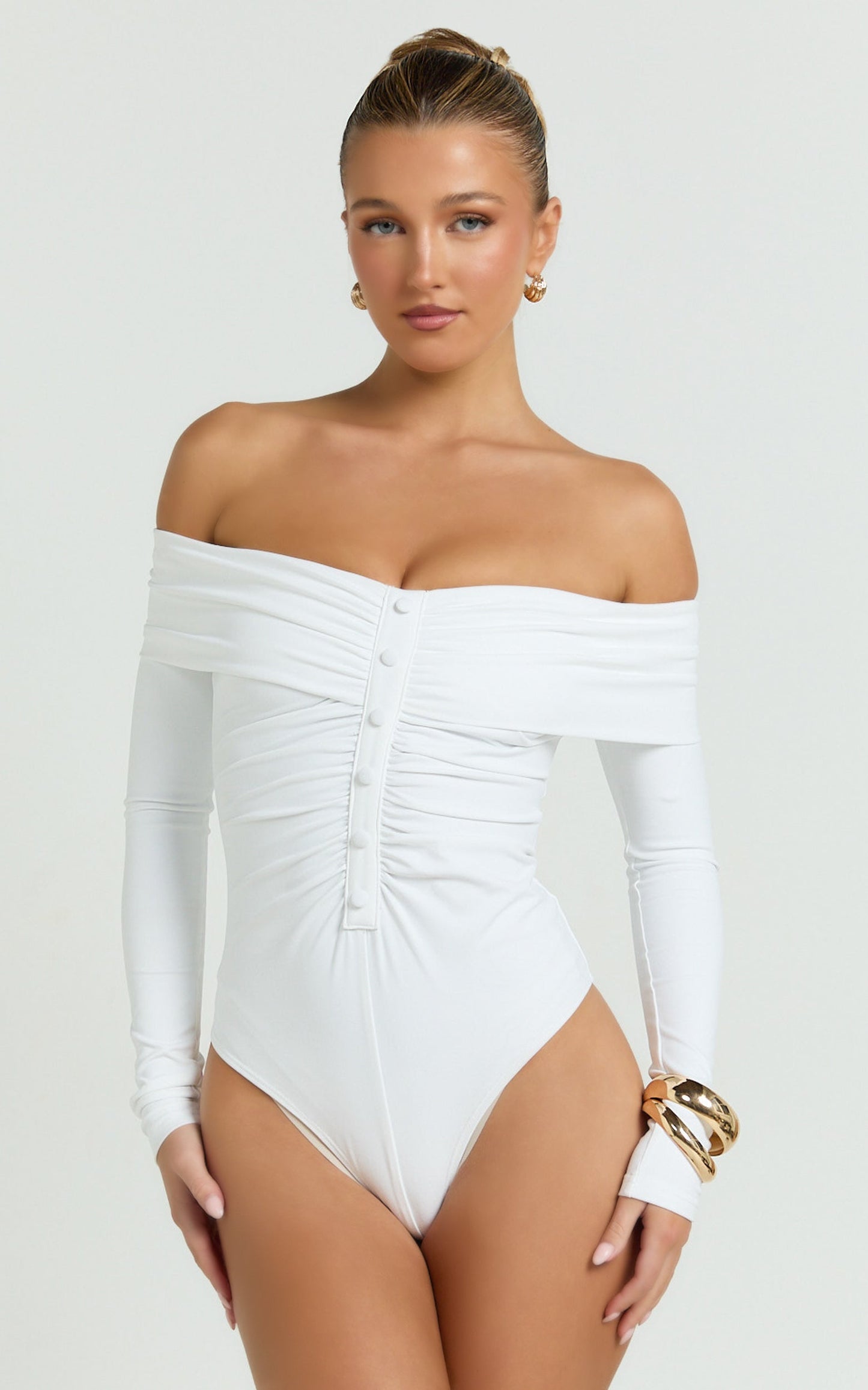 Charisse Bodysuit - Off Shoulder Button Down Bodysuit in White