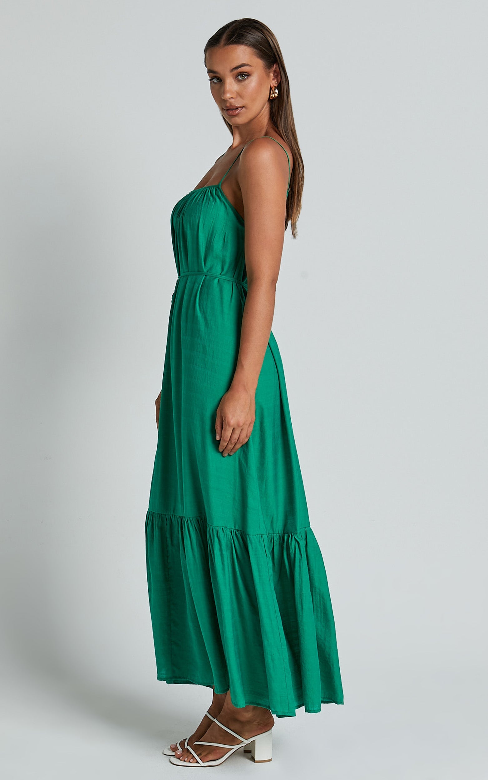 Charisse Maxi Dress - Strappy Scoop Neck Relaxed Gathered Dress in Green