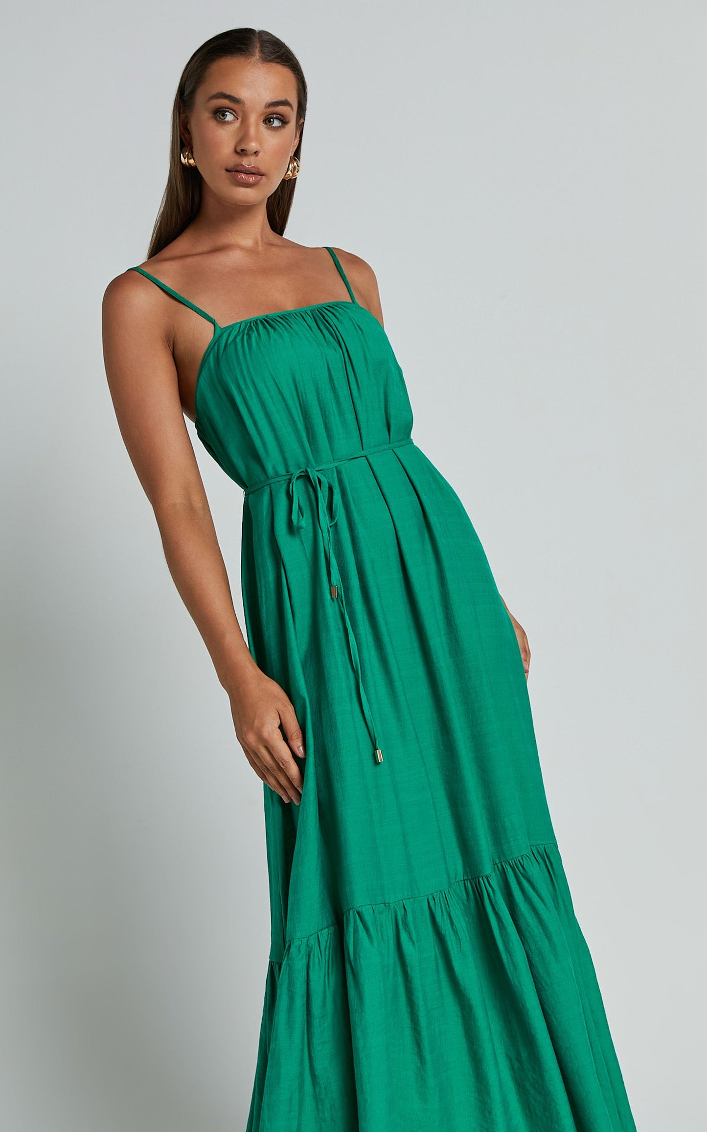 Charisse Maxi Dress - Strappy Scoop Neck Relaxed Gathered Dress in Green