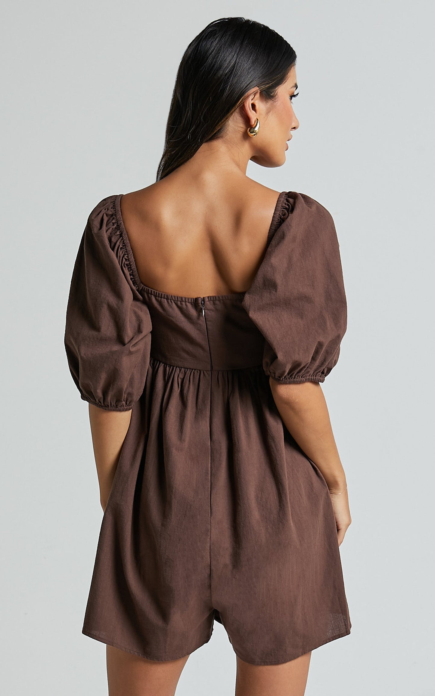 Chariti Playsuit - Linen Look Puff Sleeve Relaxed Playsuit in Chocolate