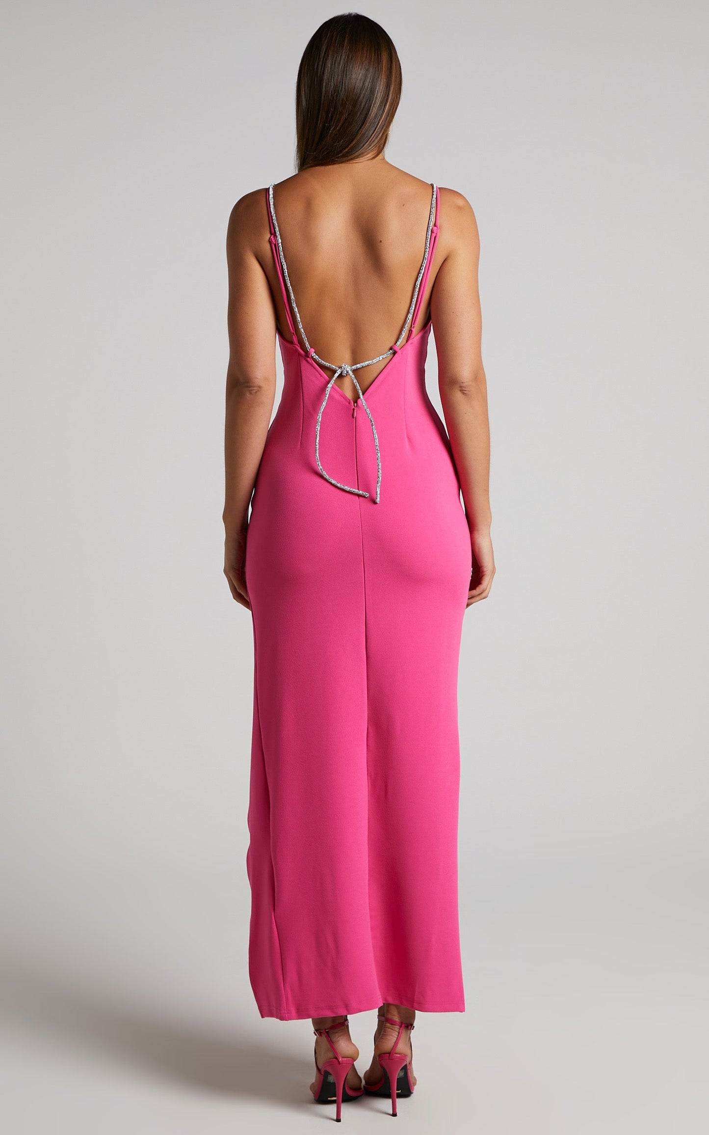 Charity Midi Dress - Diamante Strap Detail Plunge Dress in Hot Pink