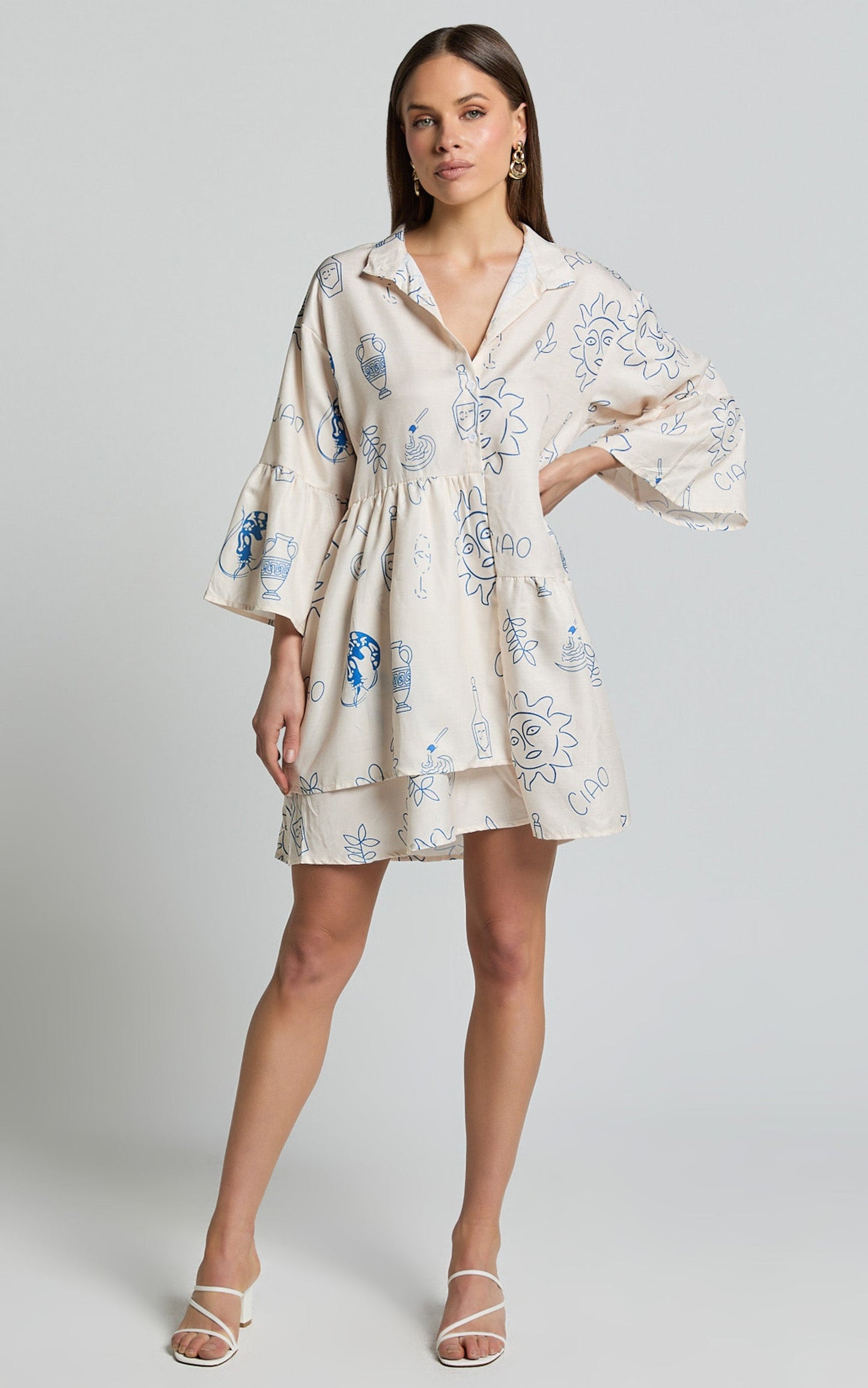 Charlene Mini Linen Blend Dress - V Neck 3/4 Sleeve Shift Mini Dress in Blue Print