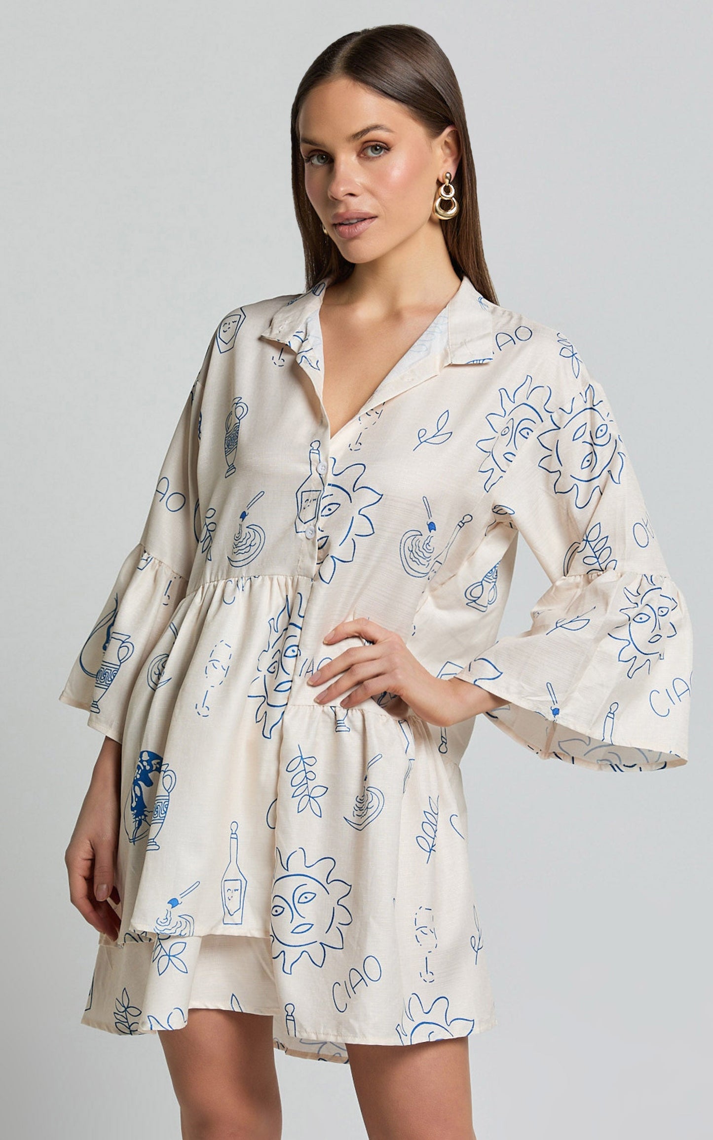 Charlene Mini Linen Blend Dress - V Neck 3/4 Sleeve Shift Mini Dress in Blue Print