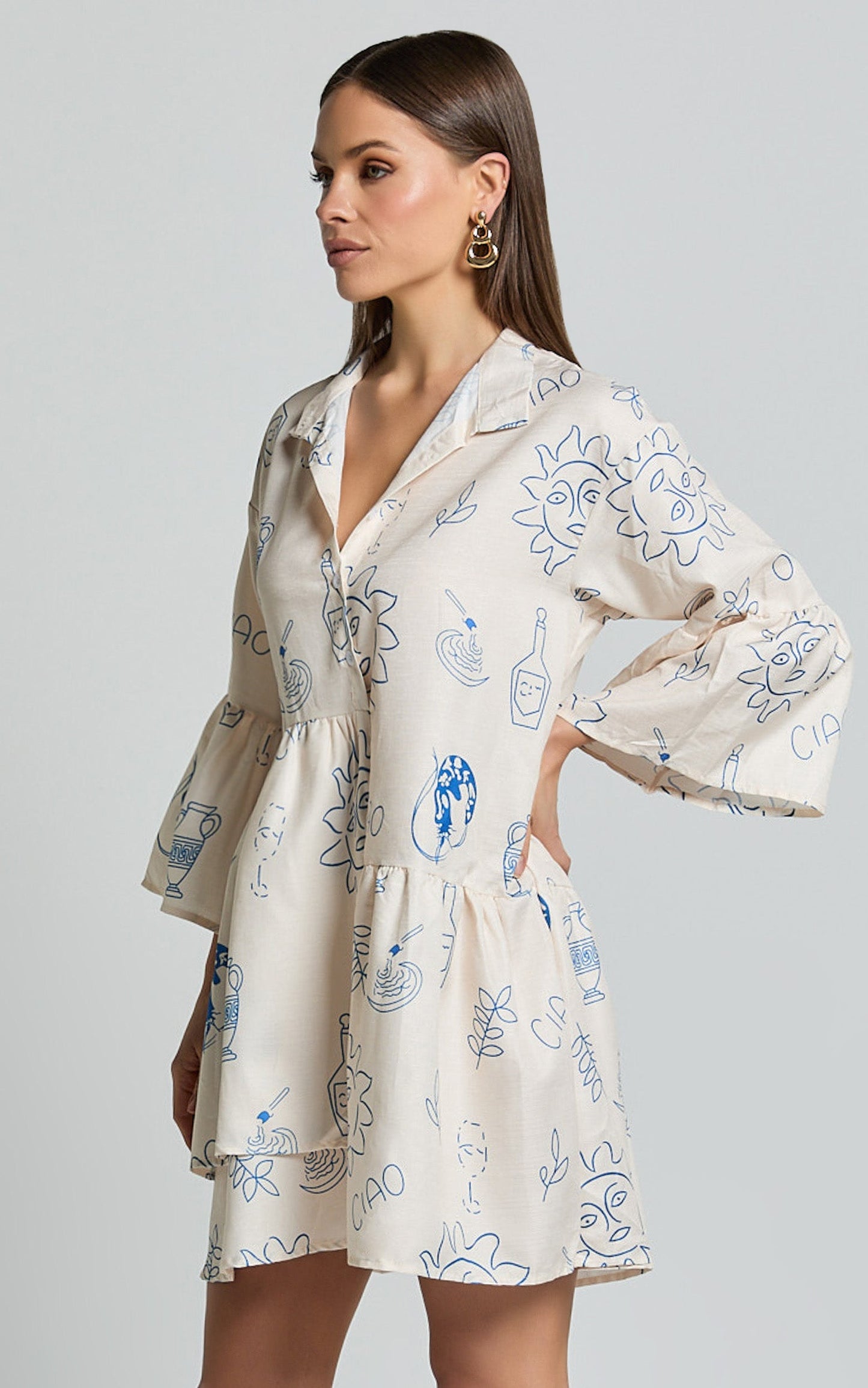 Charlene Mini Linen Blend Dress - V Neck 3/4 Sleeve Shift Mini Dress in Blue Print