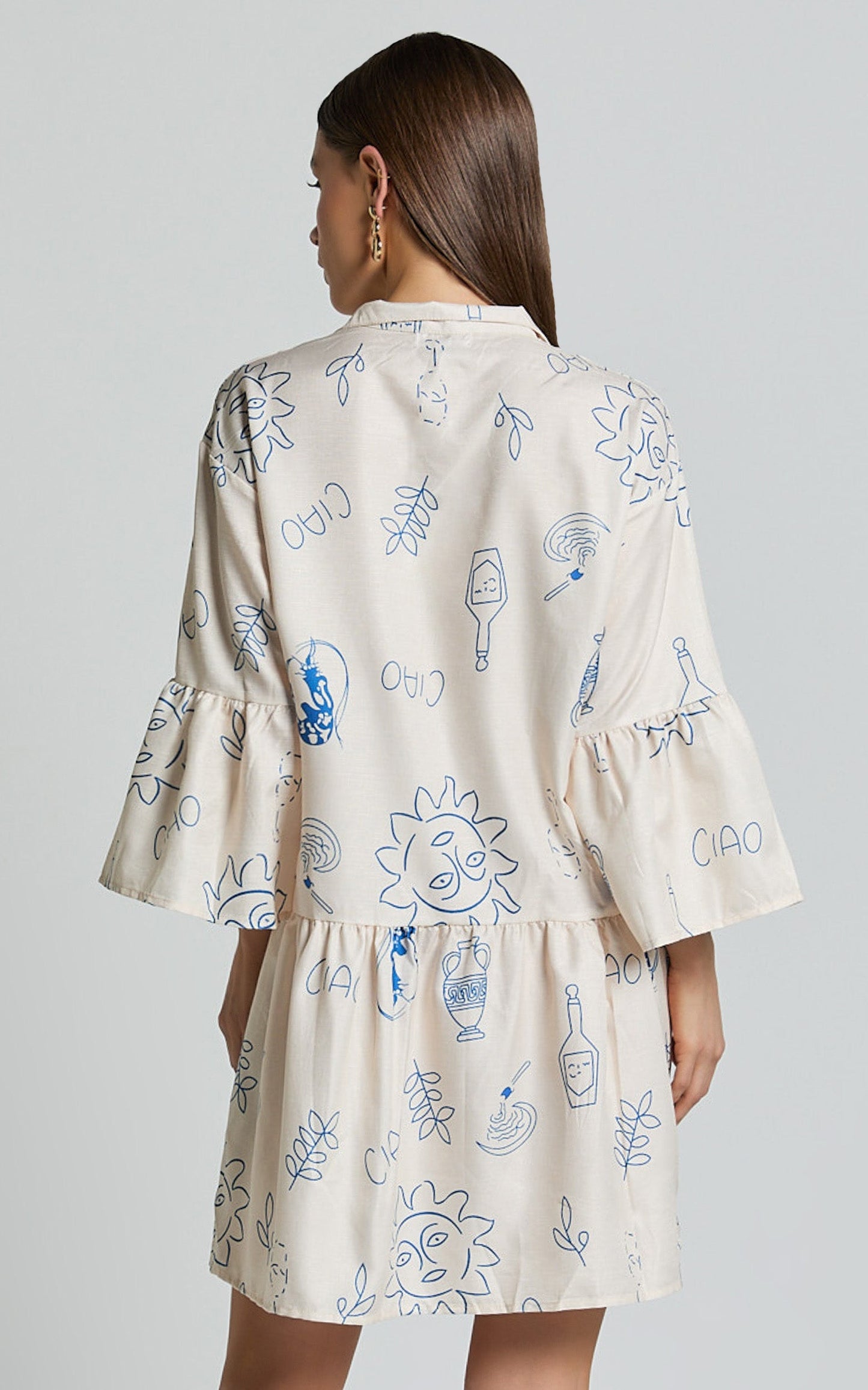 Charlene Mini Linen Blend Dress - V Neck 3/4 Sleeve Shift Mini Dress in Blue Print