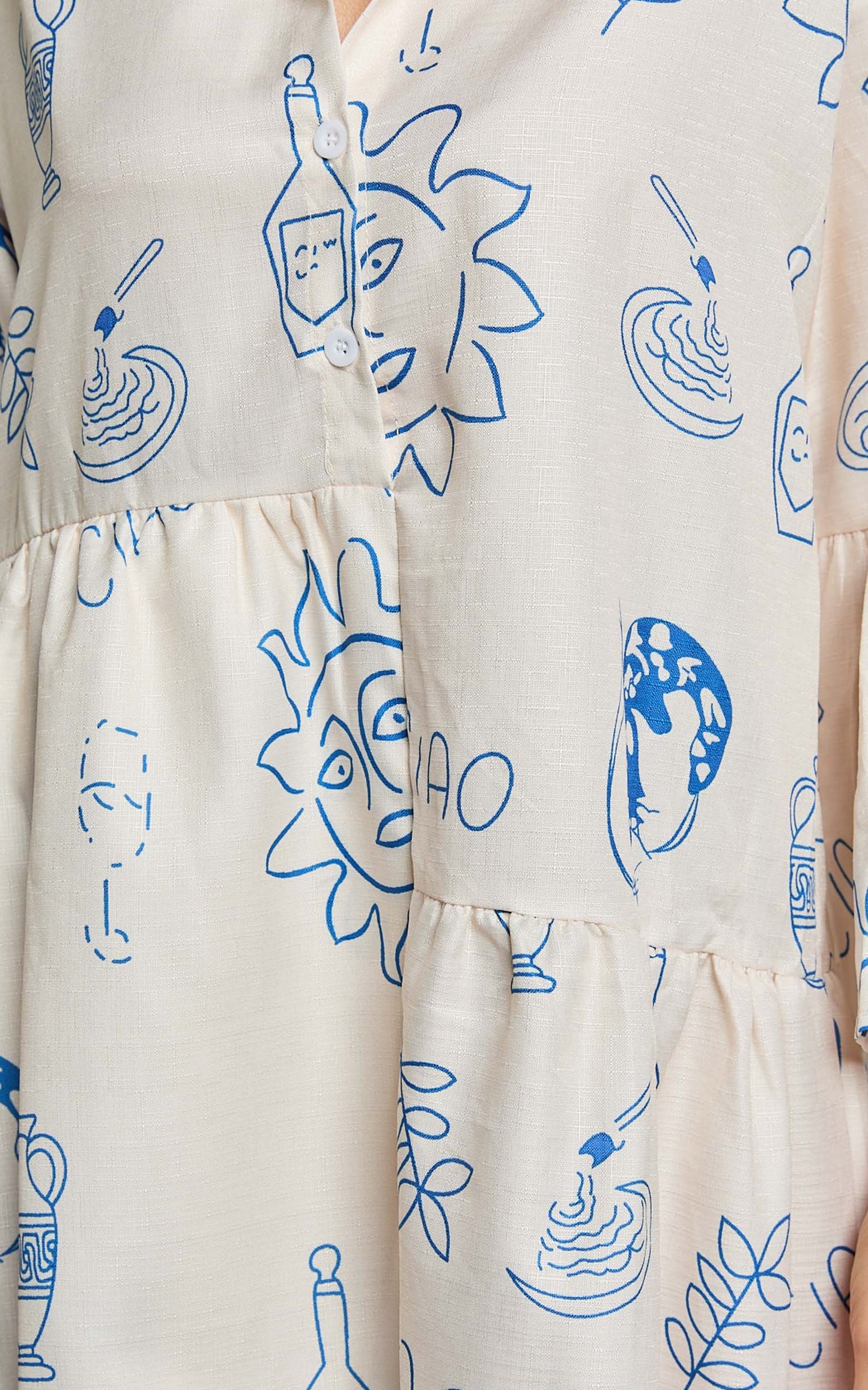 Charlene Mini Linen Blend Dress - V Neck 3/4 Sleeve Shift Mini Dress in Blue Print