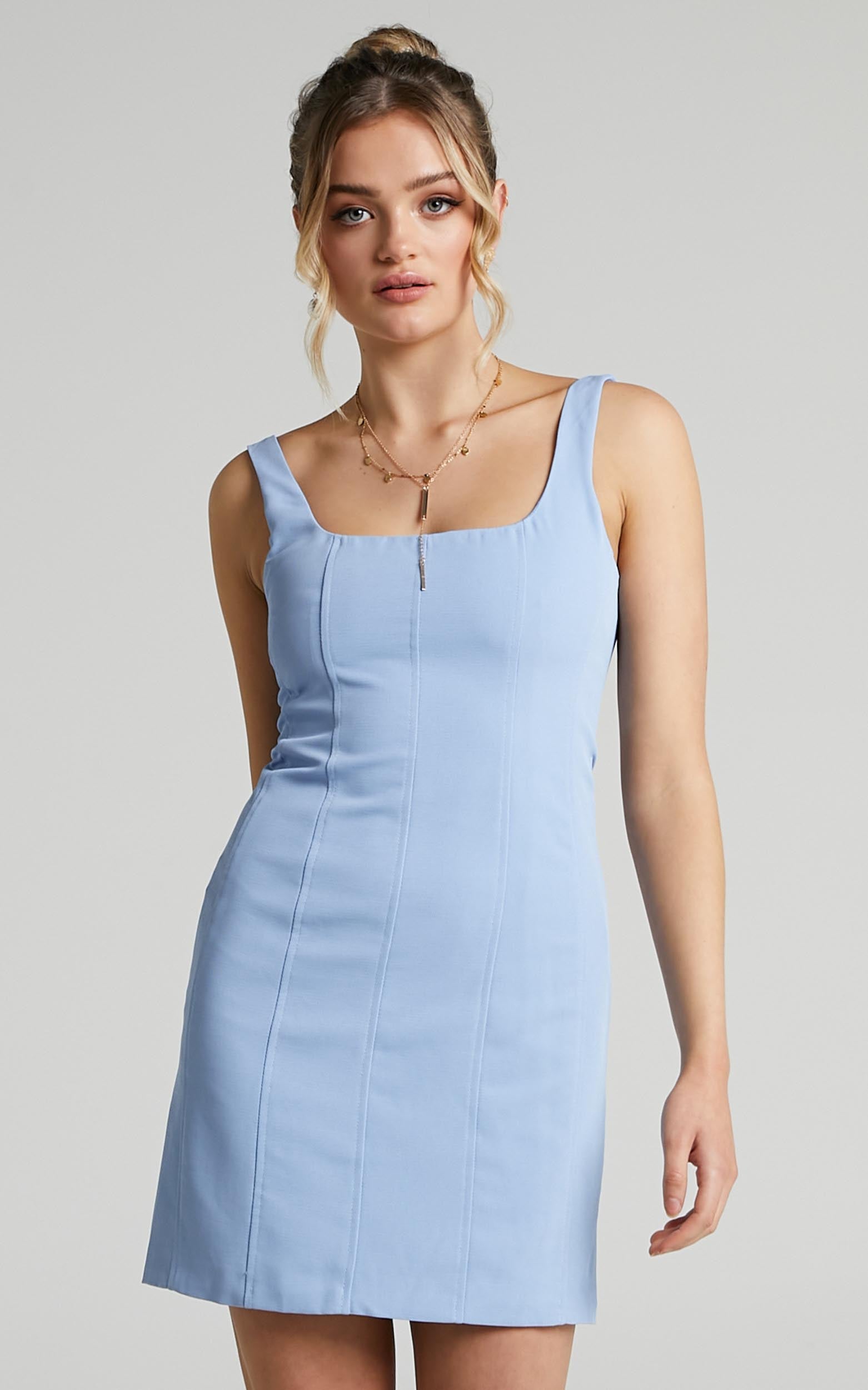 Charley Bustier Mini Dress with Panelling in Cornflower Blue