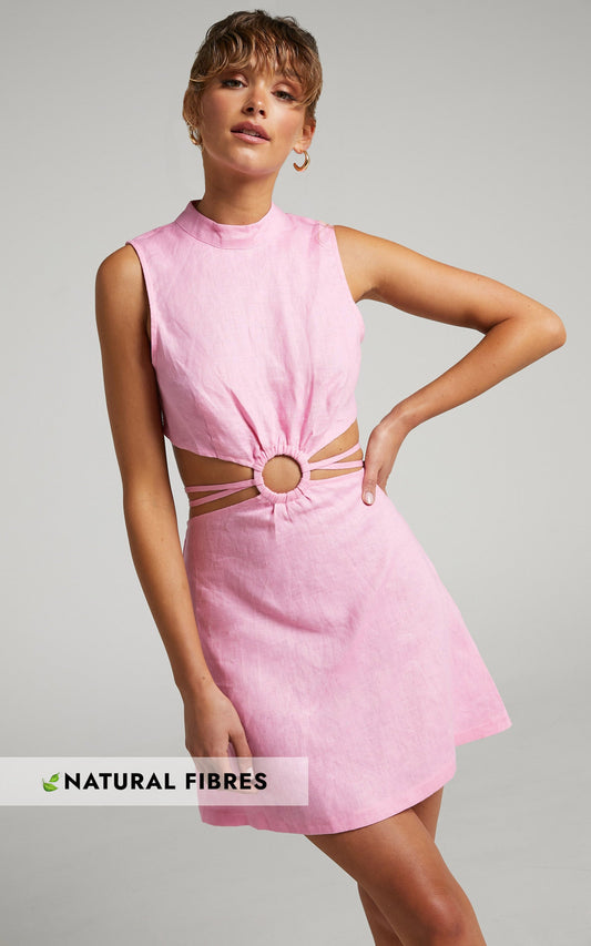 Amalie The Label - Charlizia Linen Ring Detail Skater Mini Linen Dress in Pink