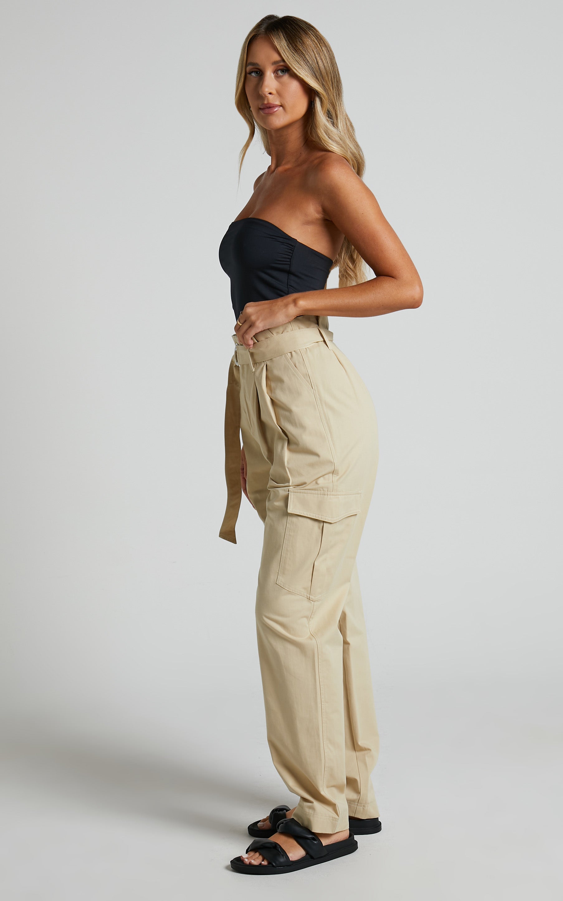 Chaslien Pants - High Waisted Paper Bag Belted Cargo Pants in Camel