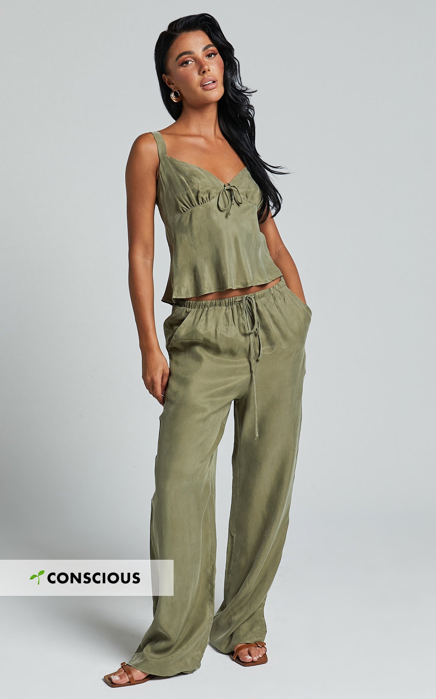 Chaya Pants - Cupro Mid Rise Relaxed Drawstring Pants in Moss
