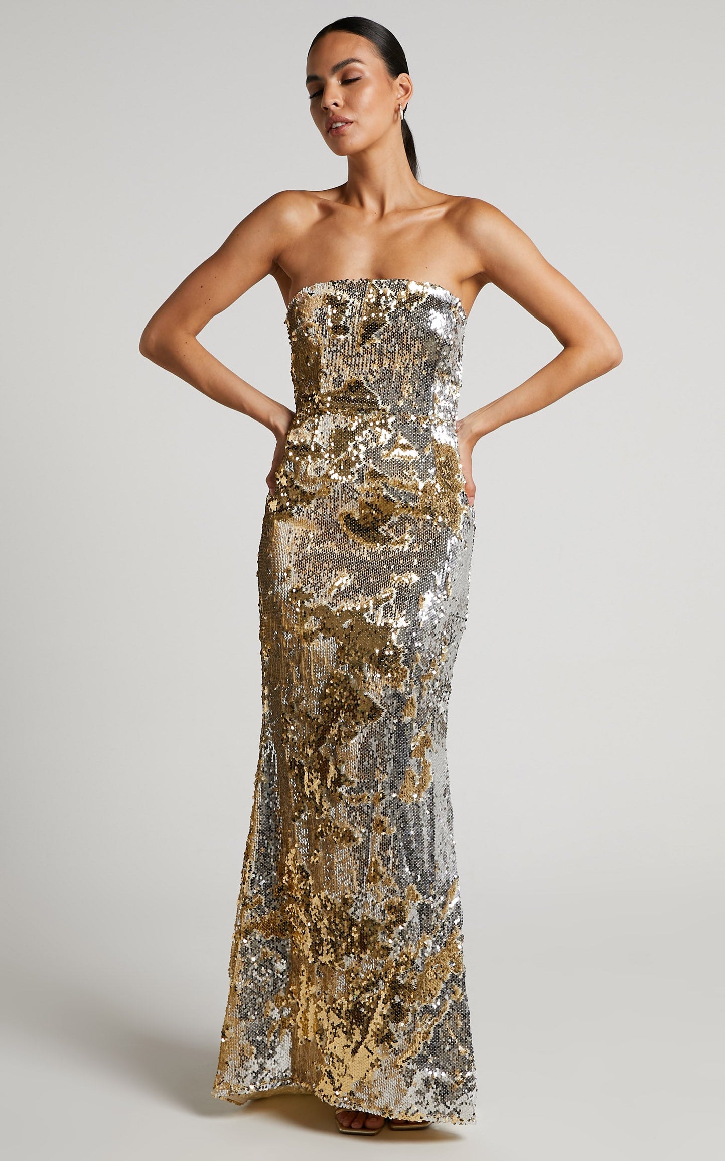 Cheena Maxi Dress - Strapless Sequin Mermaid Dress in Gold/Silver