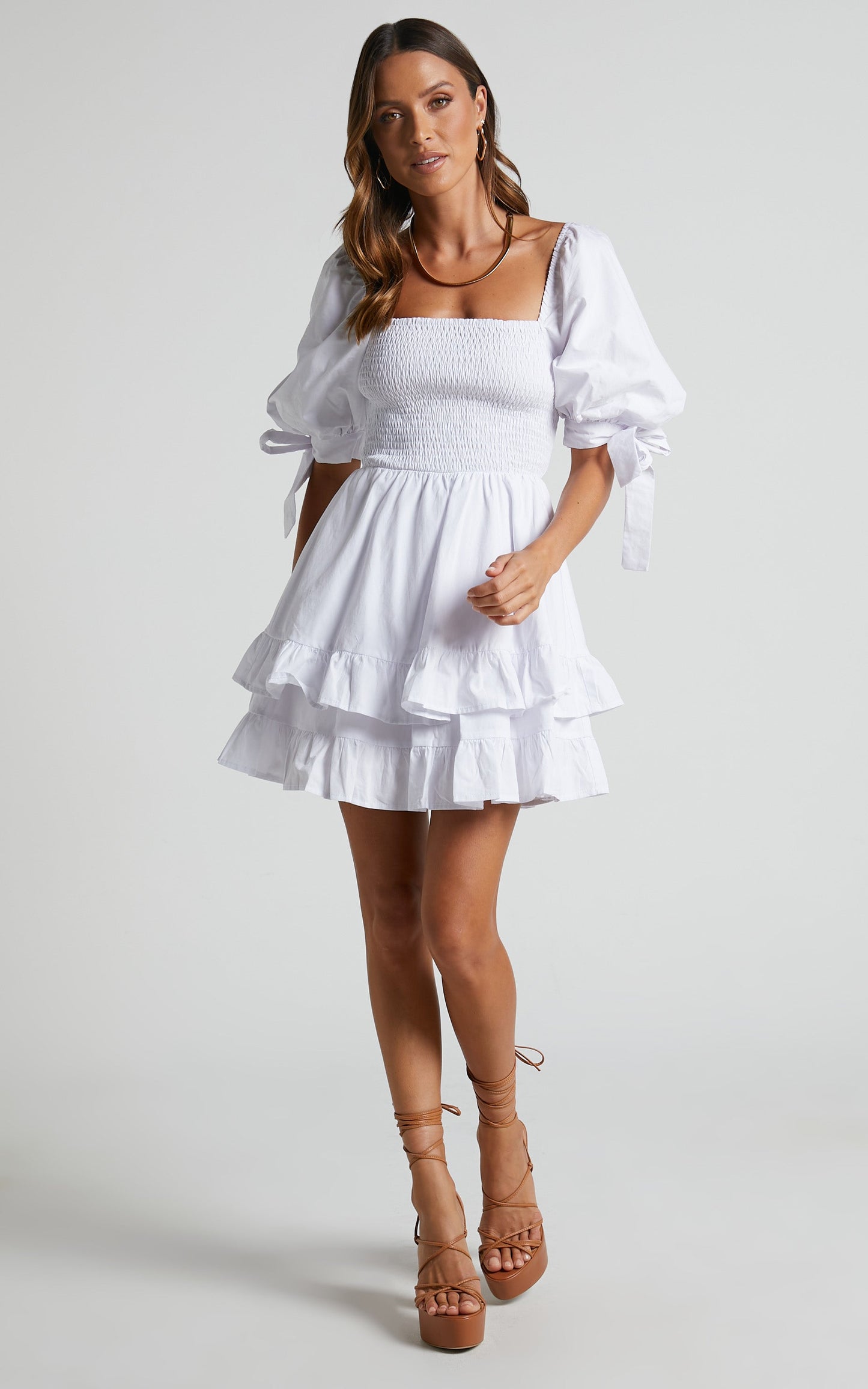 Chelle Mini Dress - Shirred Short Tie Sleeve Dress in White