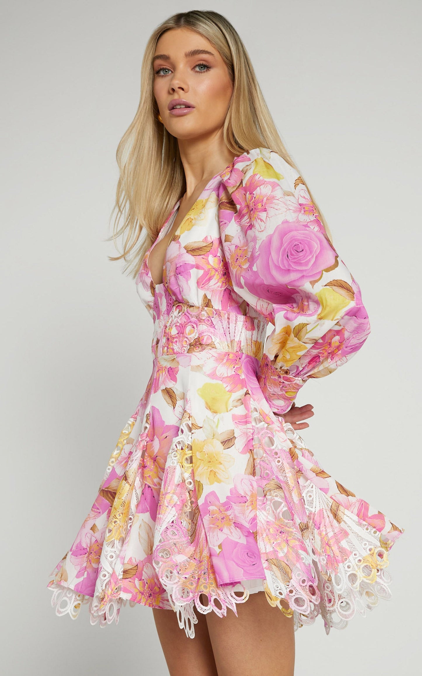 Cheretta Mini Dress - Deep V Neck Long Sleeve Dress in Pink Floral