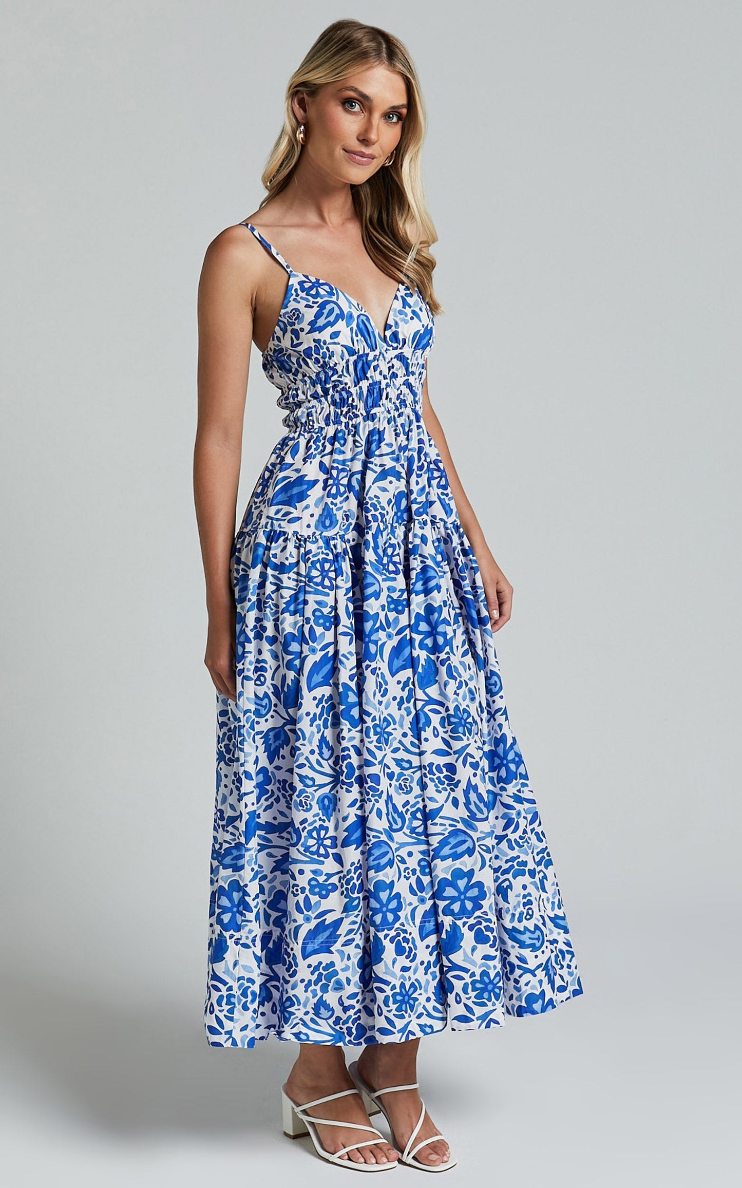 Cheri Midi Dress - Strappy Fit and Flare Tiered Dress in Blue Floral