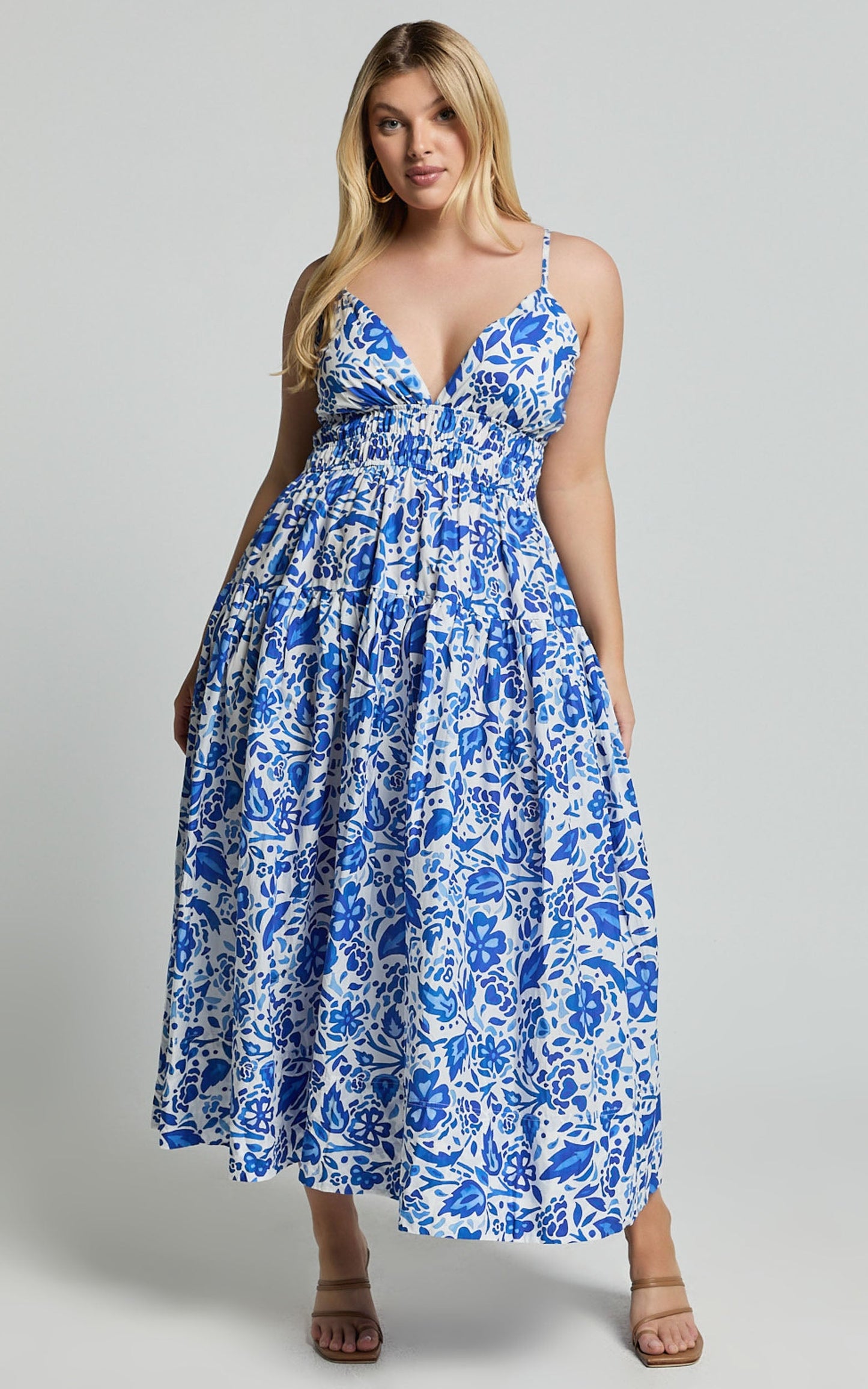 Cheri Midi Dress - Strappy Fit and Flare Tiered Dress in Blue Floral