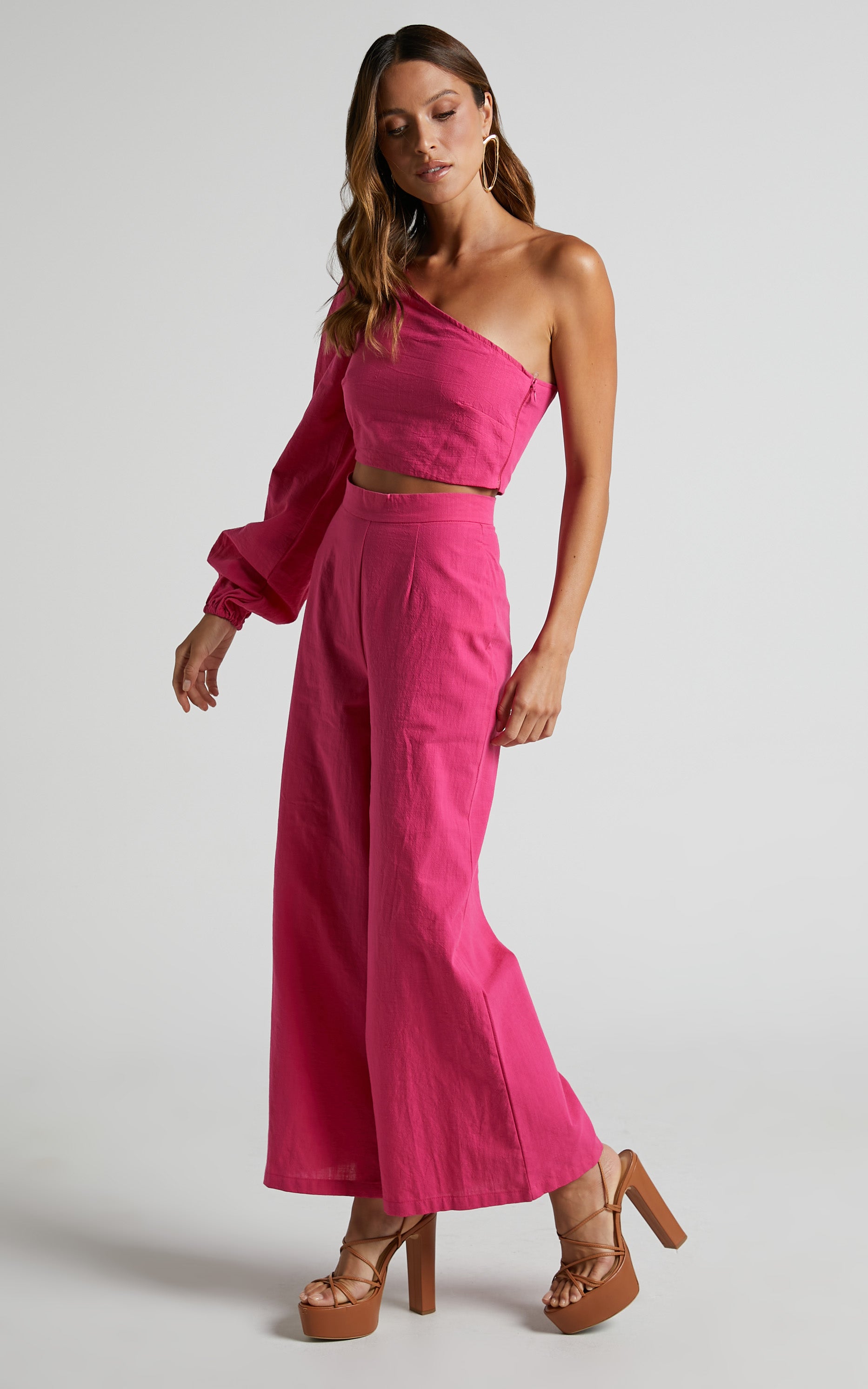 Cherira One Shoulder Top and Pant Two Piece Set in Hot Pink