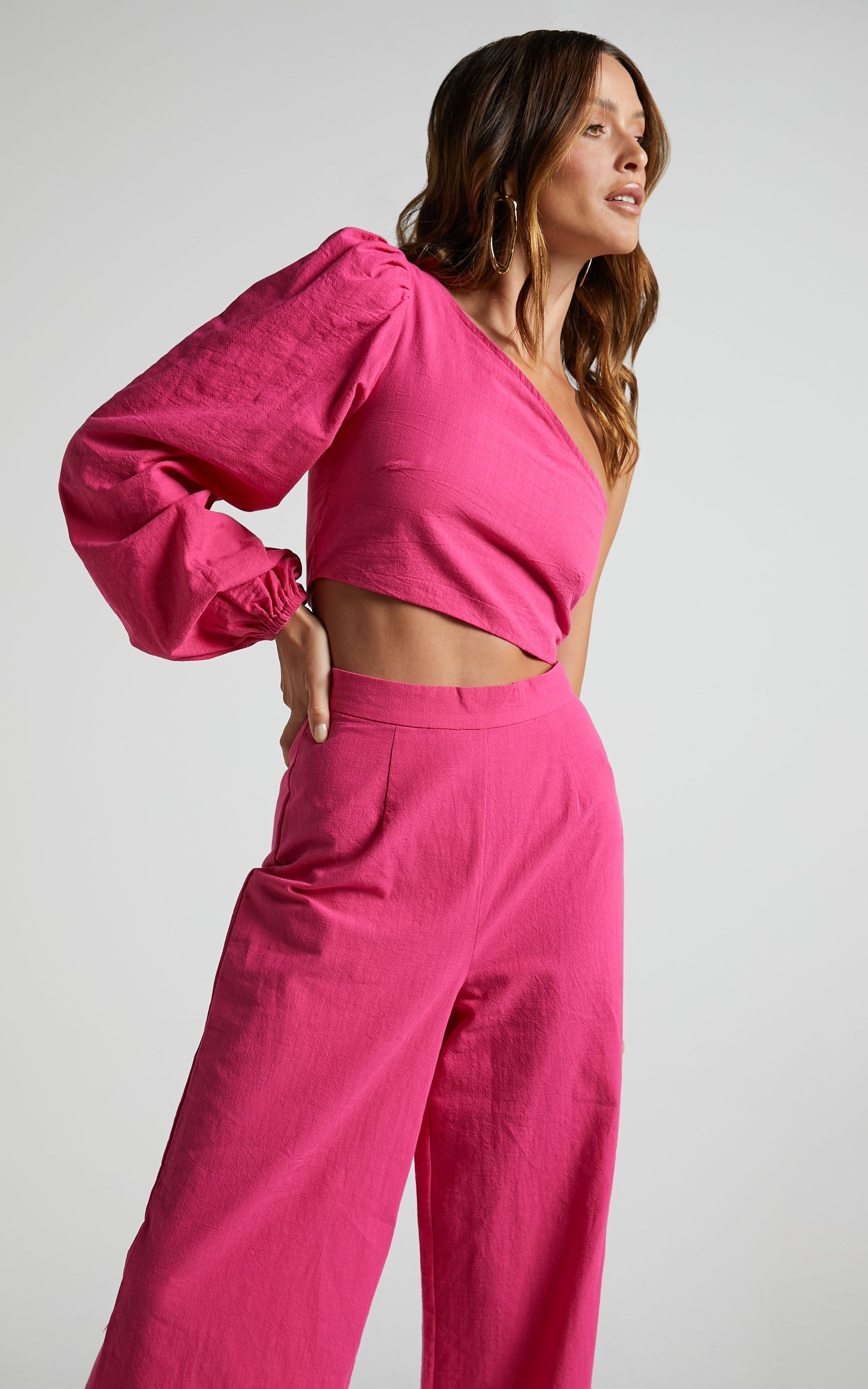 Cherira One Shoulder Top and Pant Two Piece Set in Hot Pink