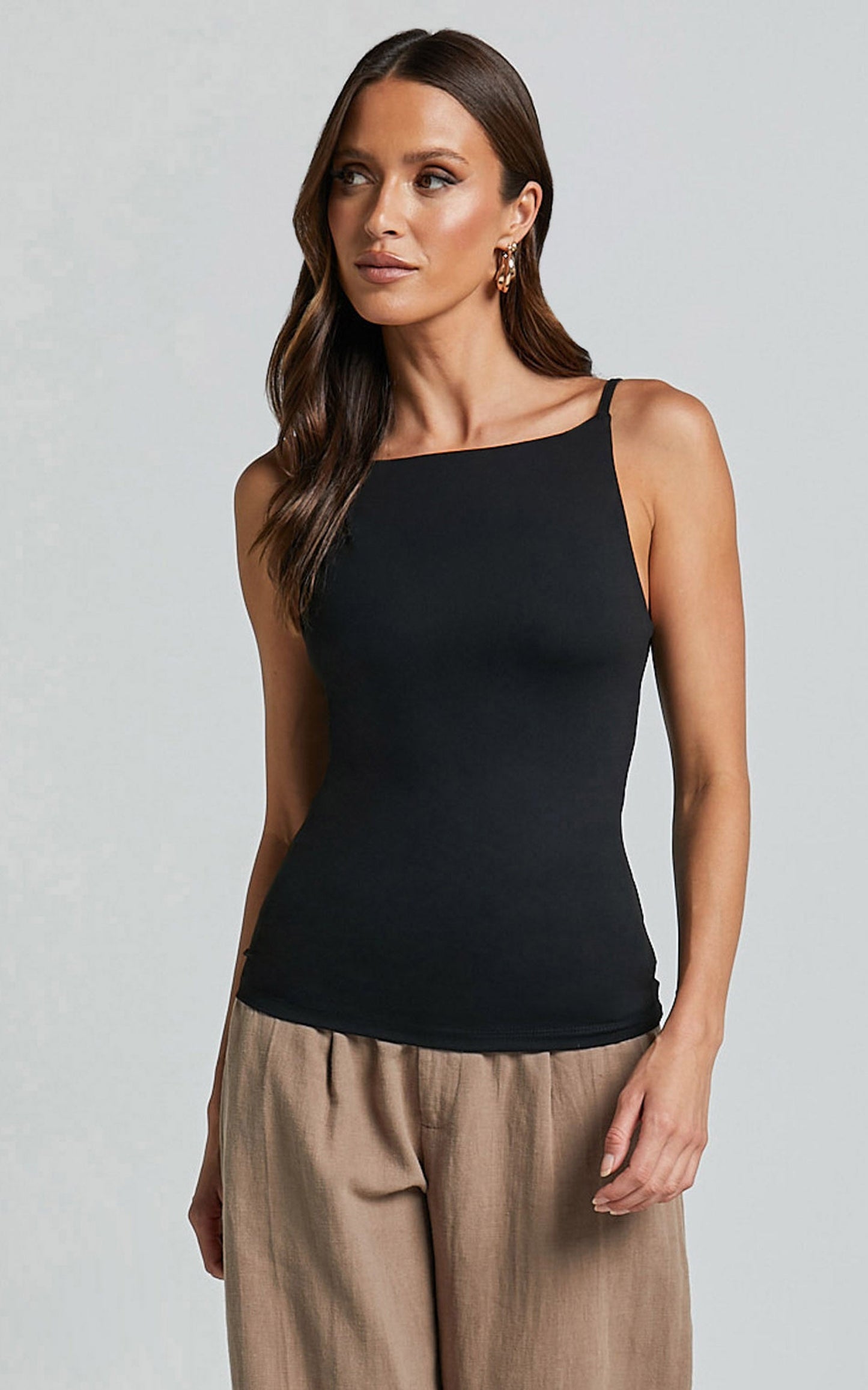 Cherita Top - Boat Neck Thin Strap Cami Top in Black