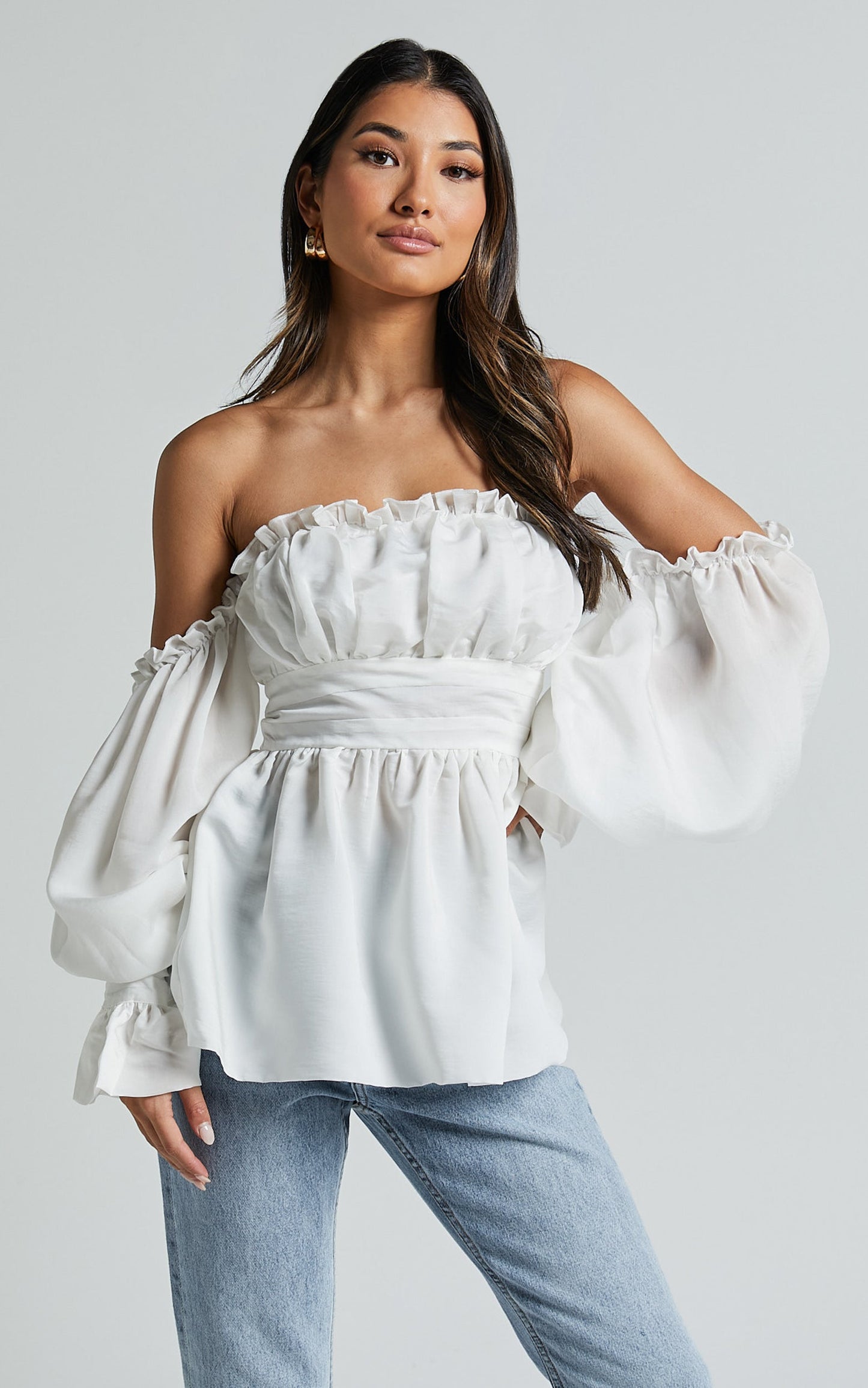 Cherlyne Top - Off Shoulder Long Sleeve Blouse in White