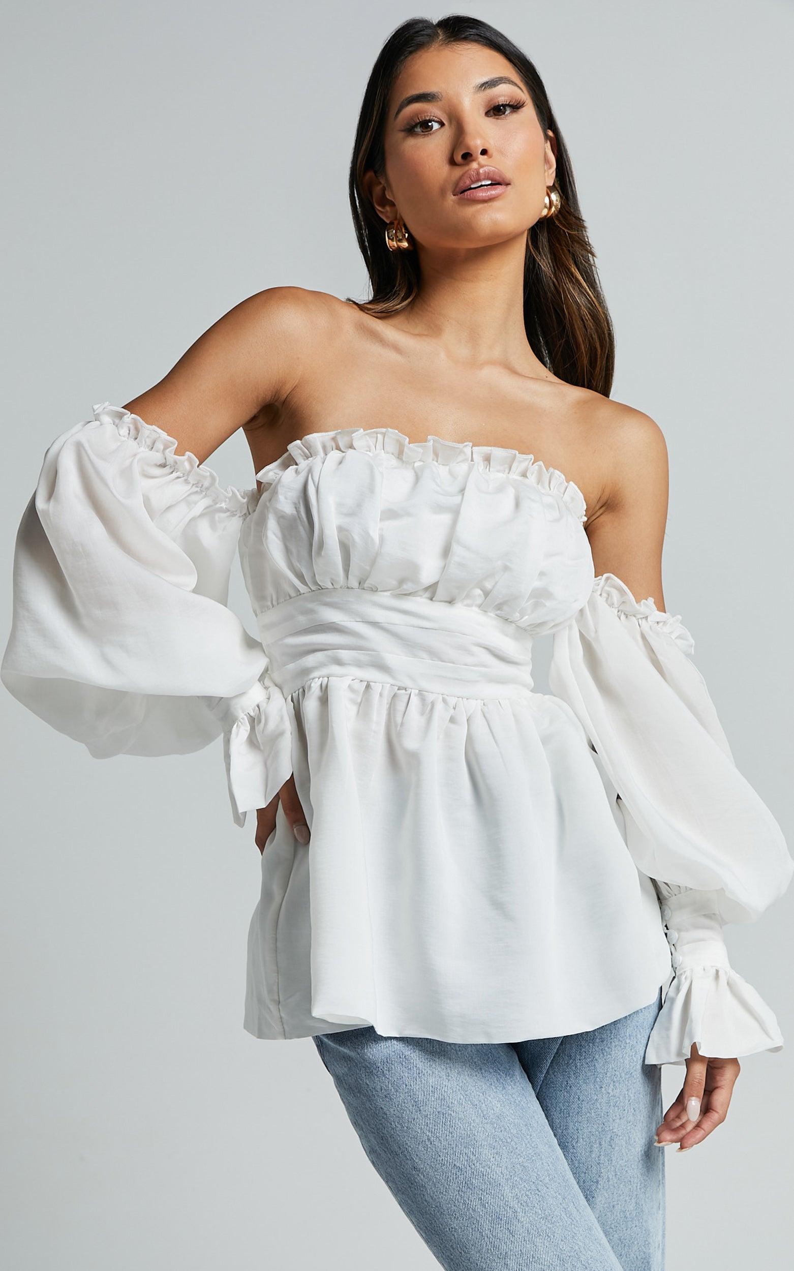 Cherlyne Top - Off Shoulder Long Sleeve Blouse in White