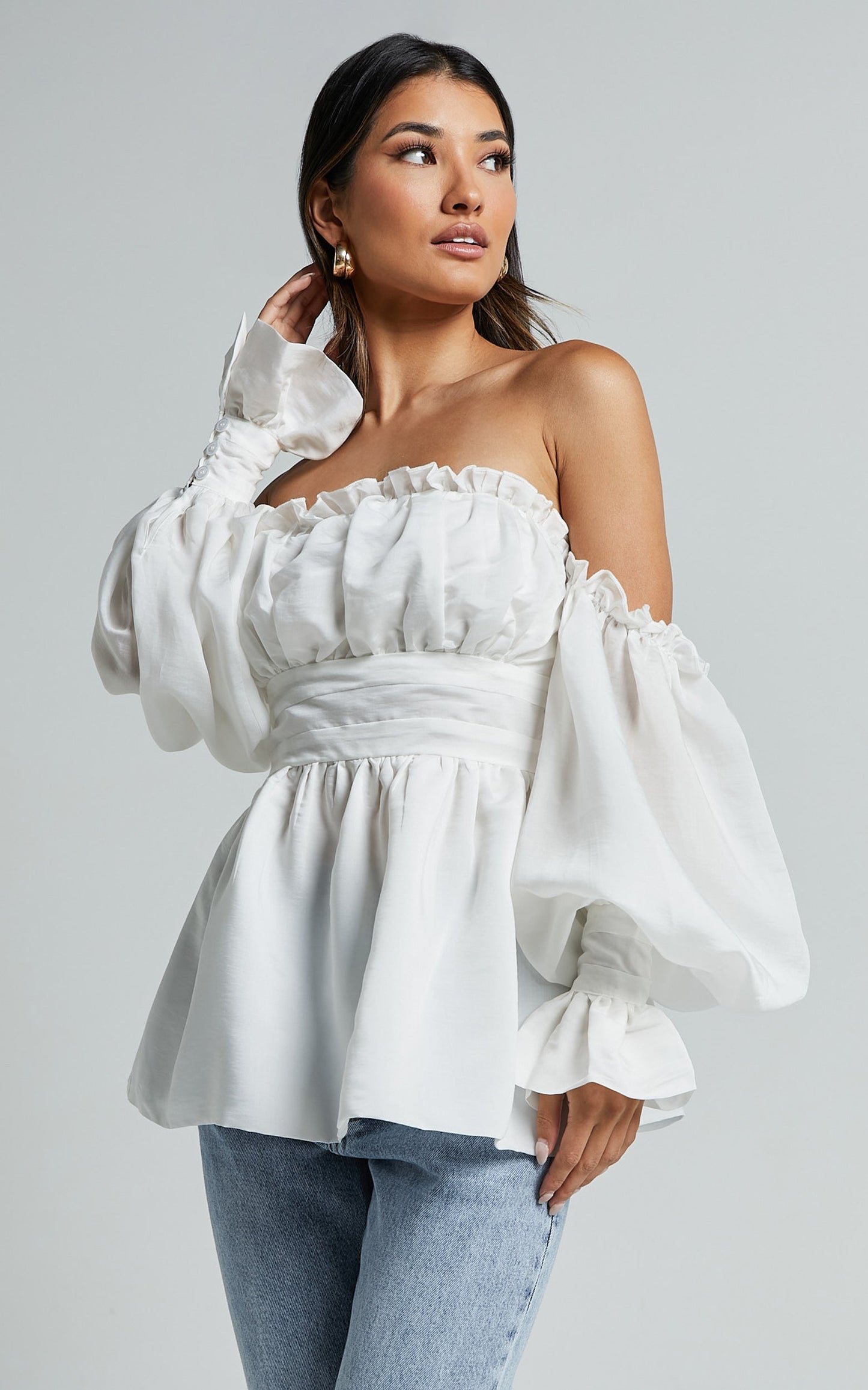 Cherlyne Top - Off Shoulder Long Sleeve Blouse in White