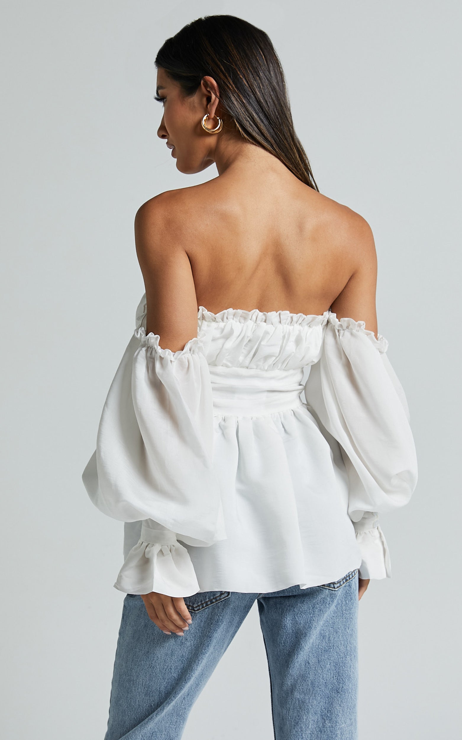 Cherlyne Top - Off Shoulder Long Sleeve Blouse in White