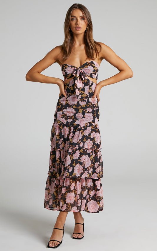 Cherrie Halter Neck Cut Out Tiered Midi Dress in Romantic Floral