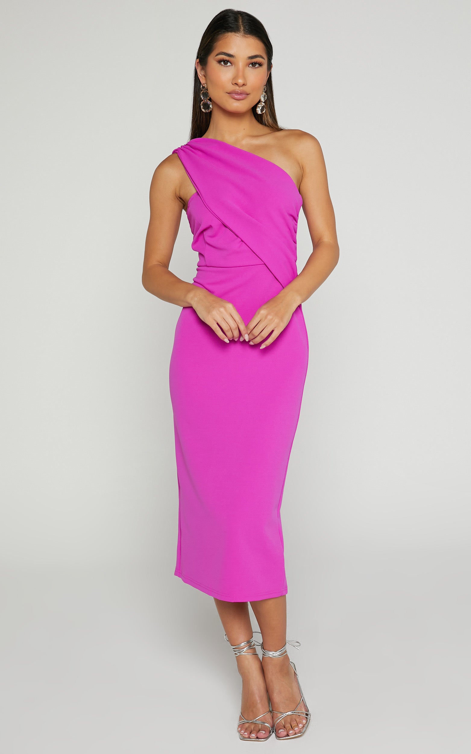 Chessie Midi Dress - One Shoulder Ruched Detail Dress in Plum