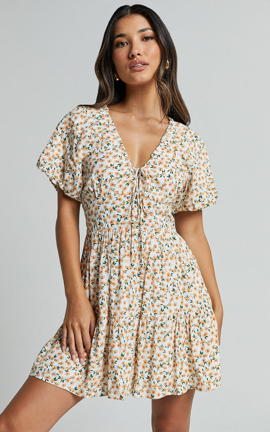 Chetana Mini Dress - Tie Front Short Sleeve Tiered Dress in White and Yellow Floral
