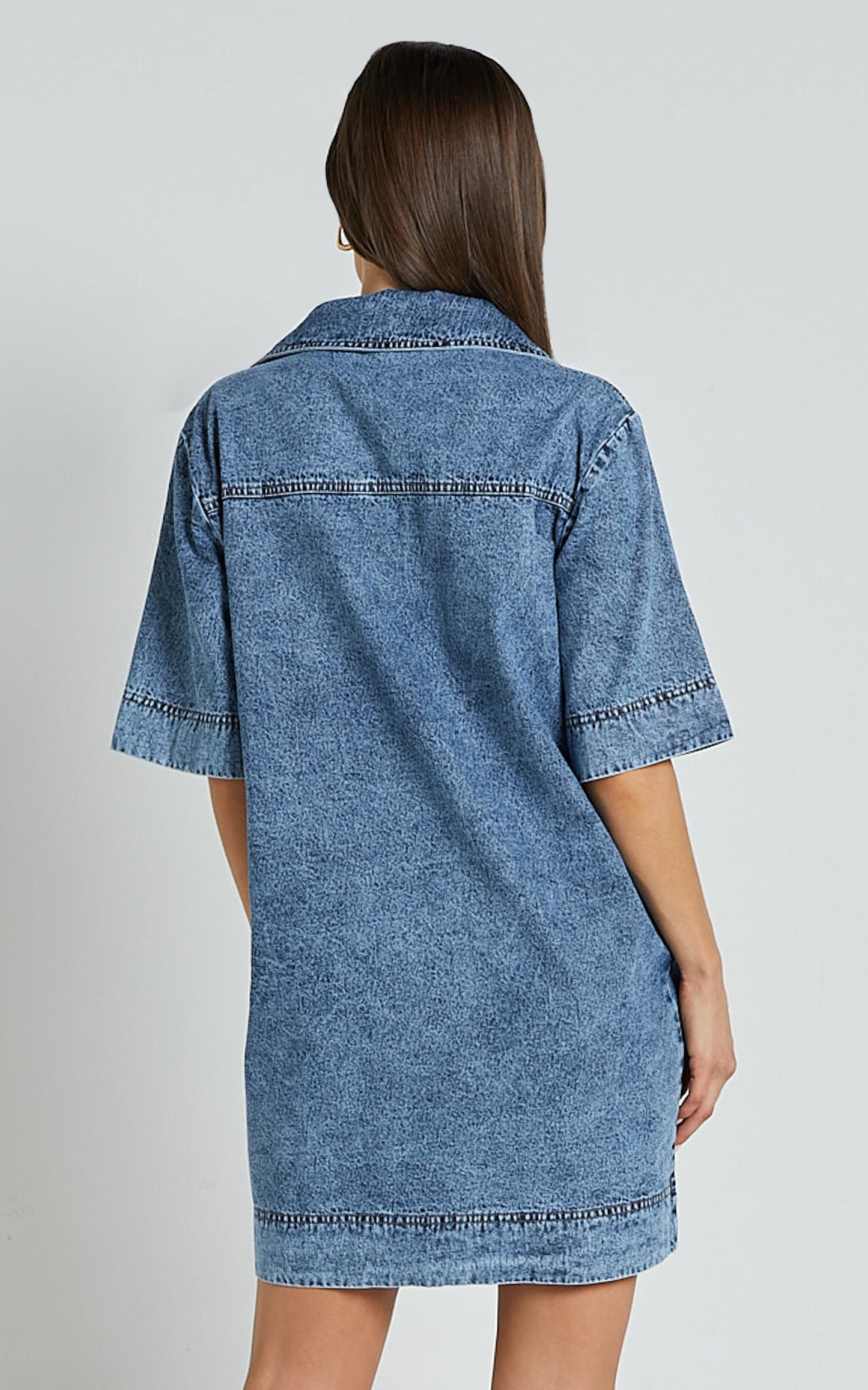 Chinlie Dress - Open Collar Pocket Detail Denim Mini Dress in Mid Blue Acid Wash