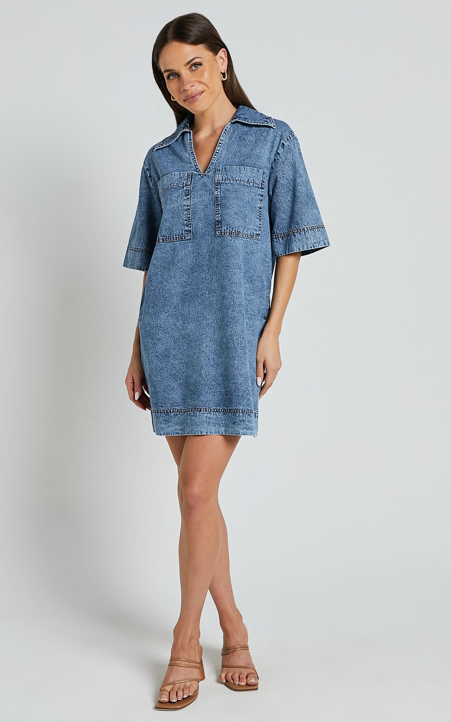 Chinlie Dress - Open Collar Pocket Detail Denim Mini Dress in Mid Blue Acid Wash