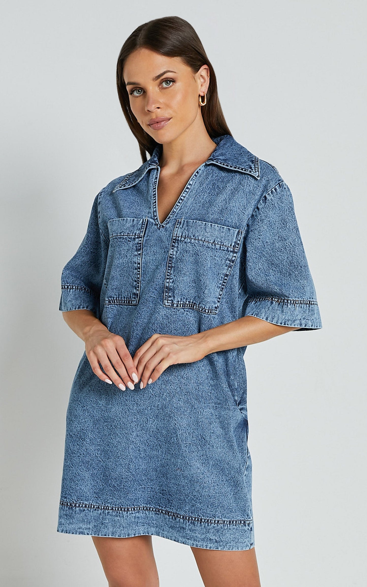 Chinlie Dress - Open Collar Pocket Detail Denim Mini Dress in Mid Blue Acid Wash
