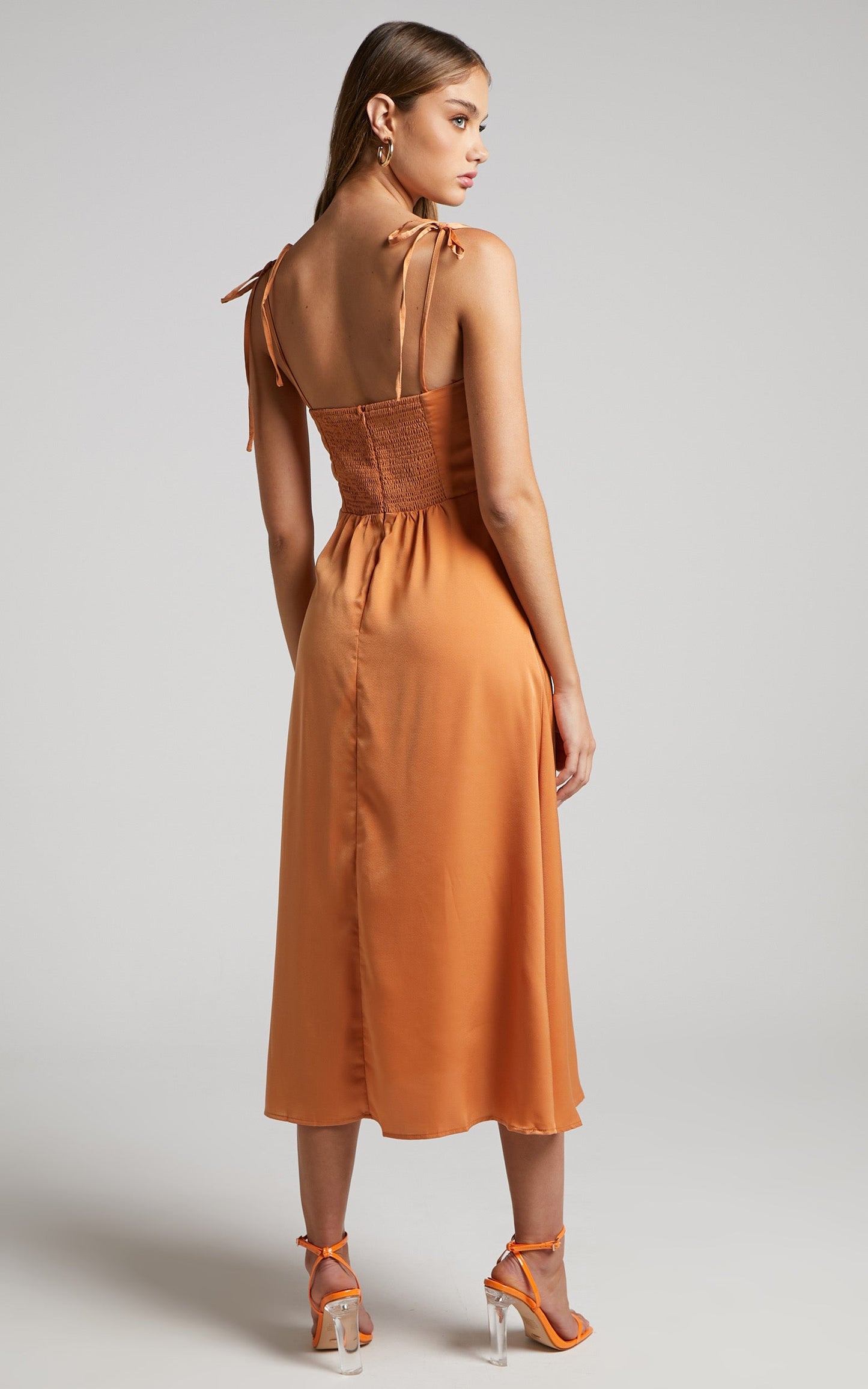 Ciello Midi Dress -  Tie Shoulder Sweetheart Dress in Burnt Orange