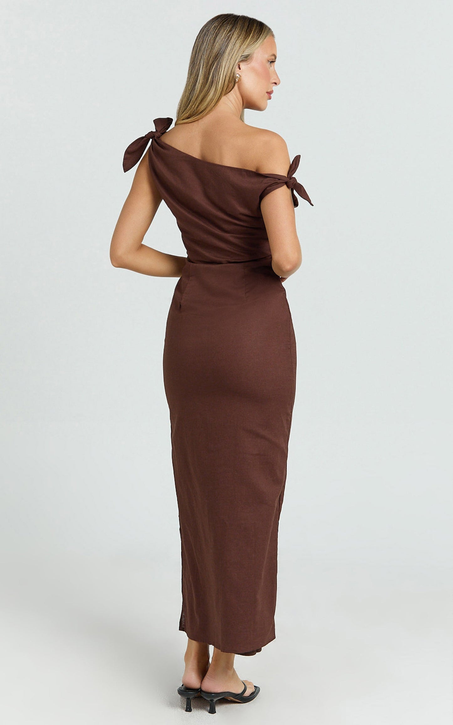 Cincinnati Midi Dress - Off The Shoulder Side Split Column Linen Dress in Chocolate
