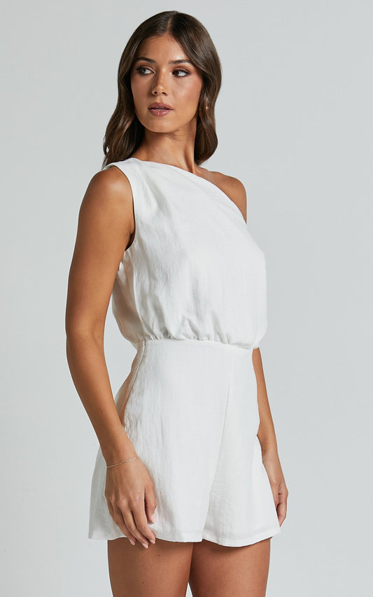 Cinda Playsuit - One Shoulder Playsuit in Off White