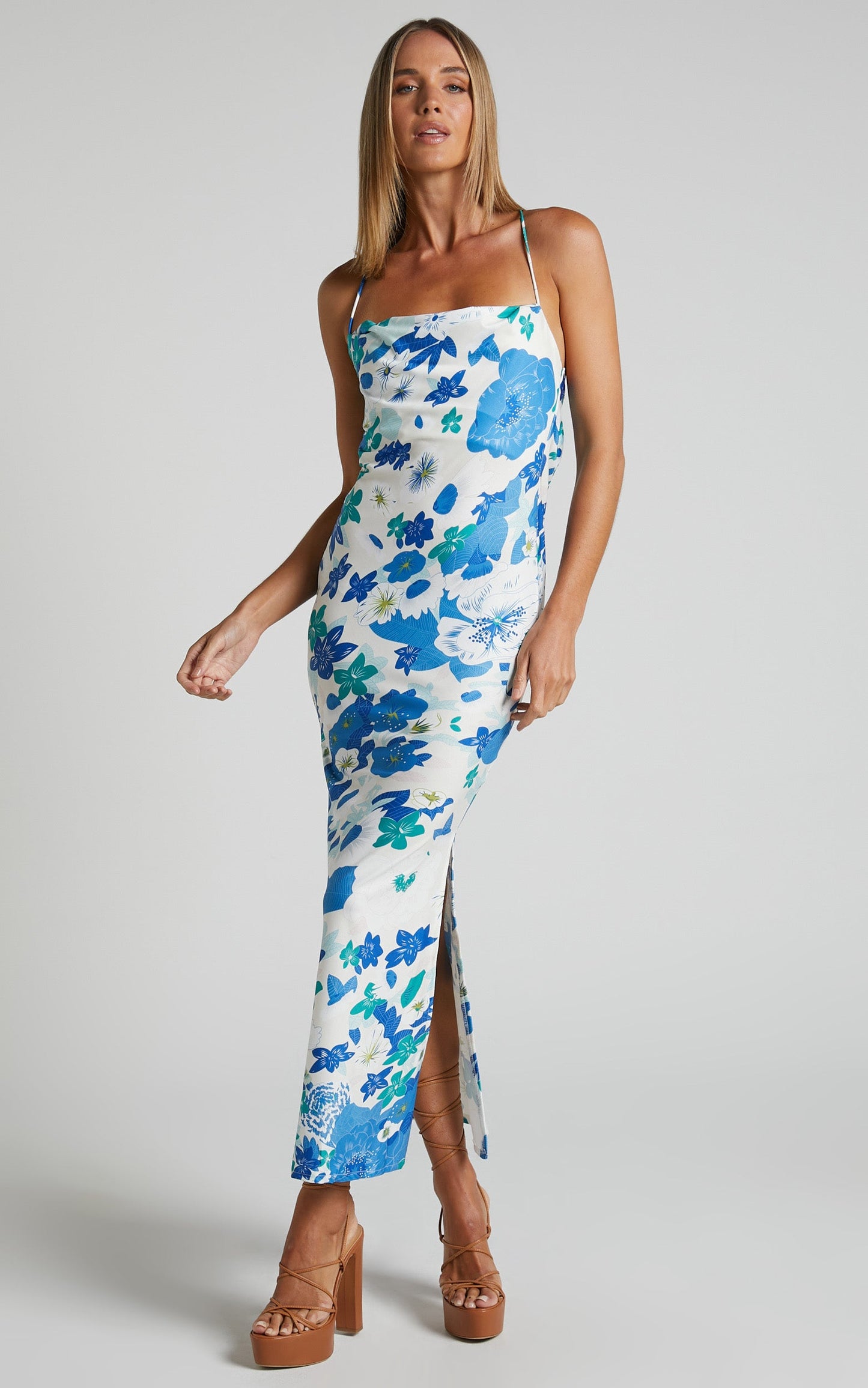 Circe Midi Dress - Strappy Cowl Back Slip Dress in Blue Floral