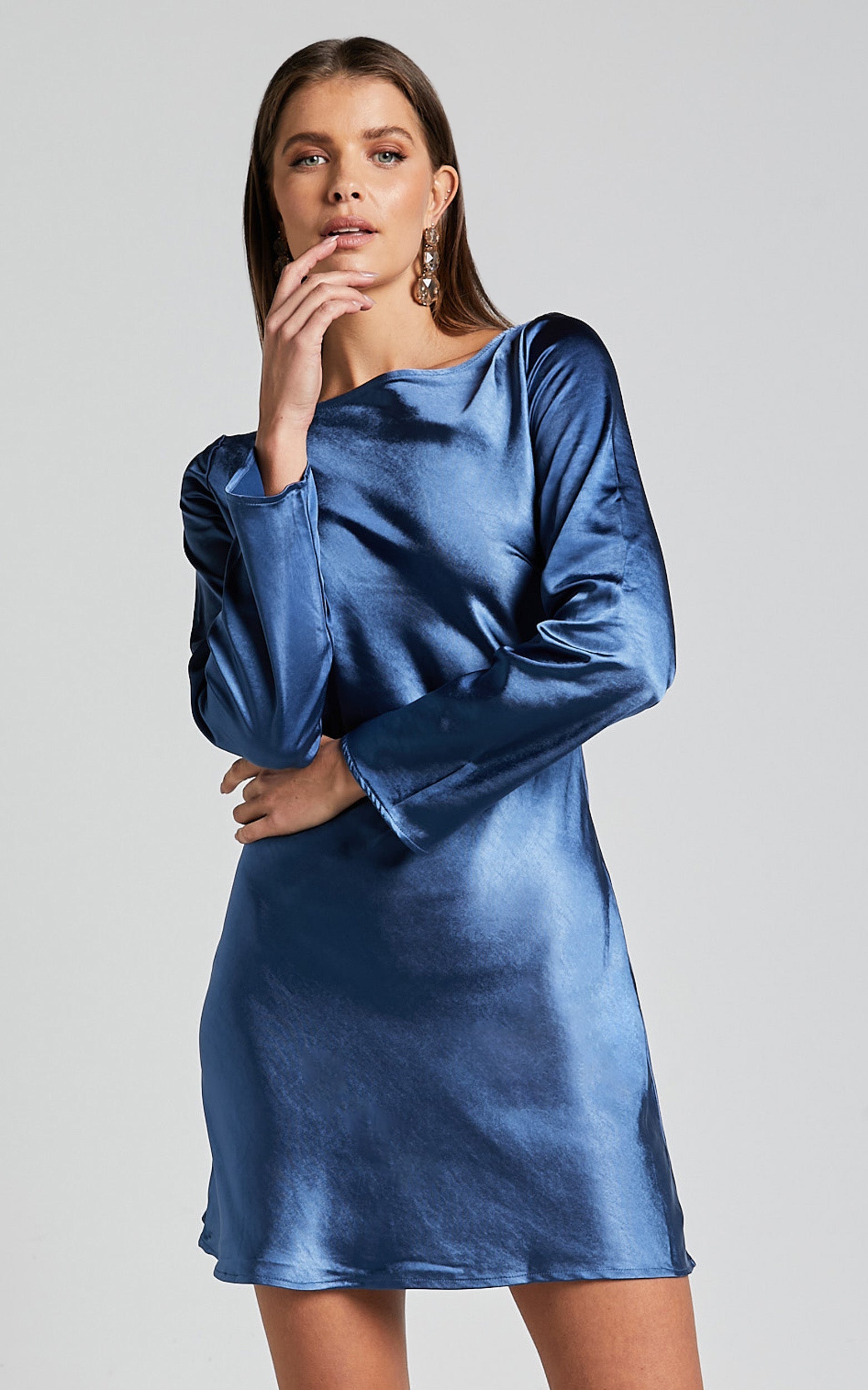 Cladette Mini Dress - Boat Neck Open Tie Back Long Sleeve in Steel Blue